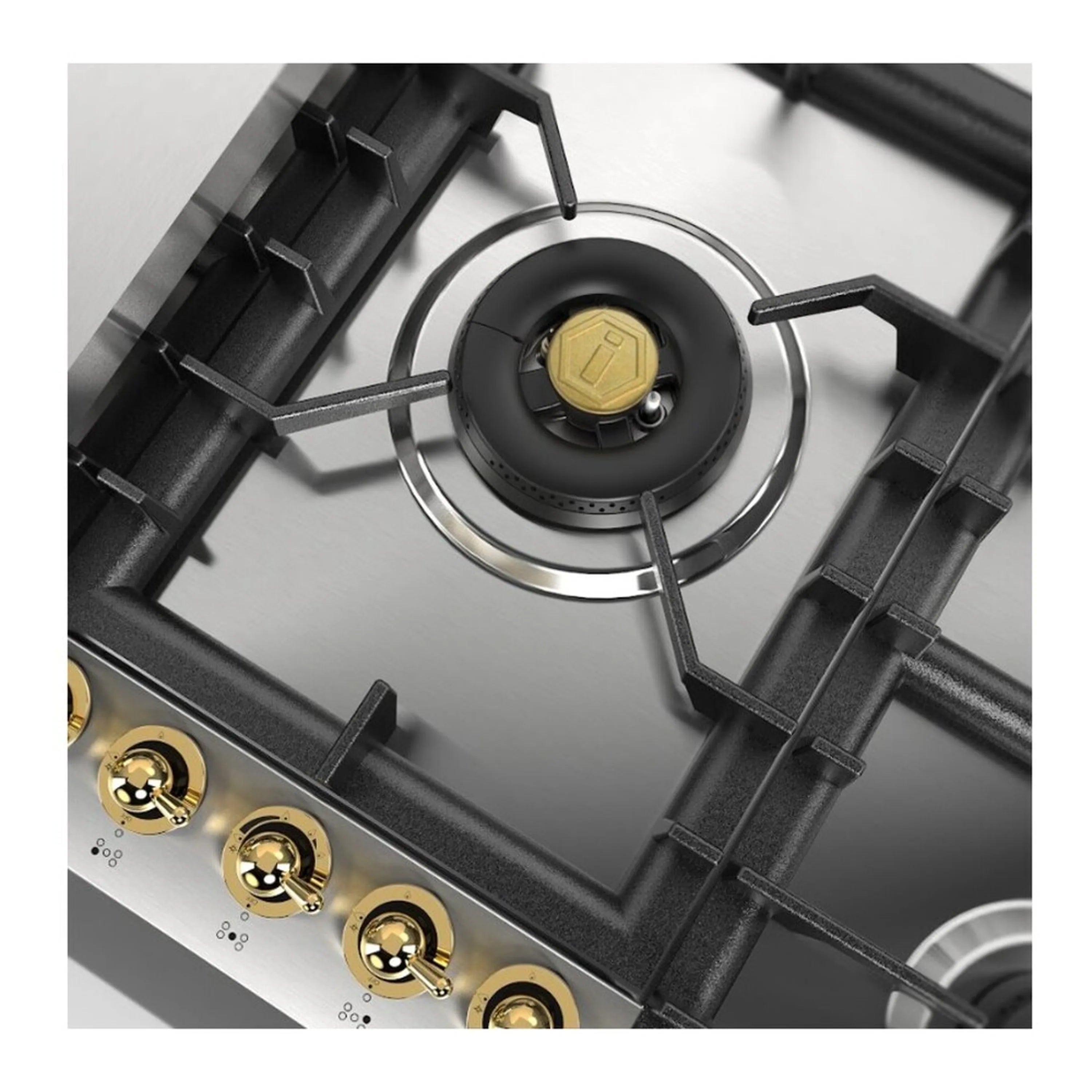Gas cooktop with black grate, central burner cap, and brass control knobs