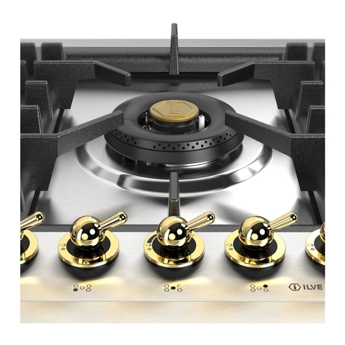 Stainless steel propane cooktop burner head with black cap and brass controls in front