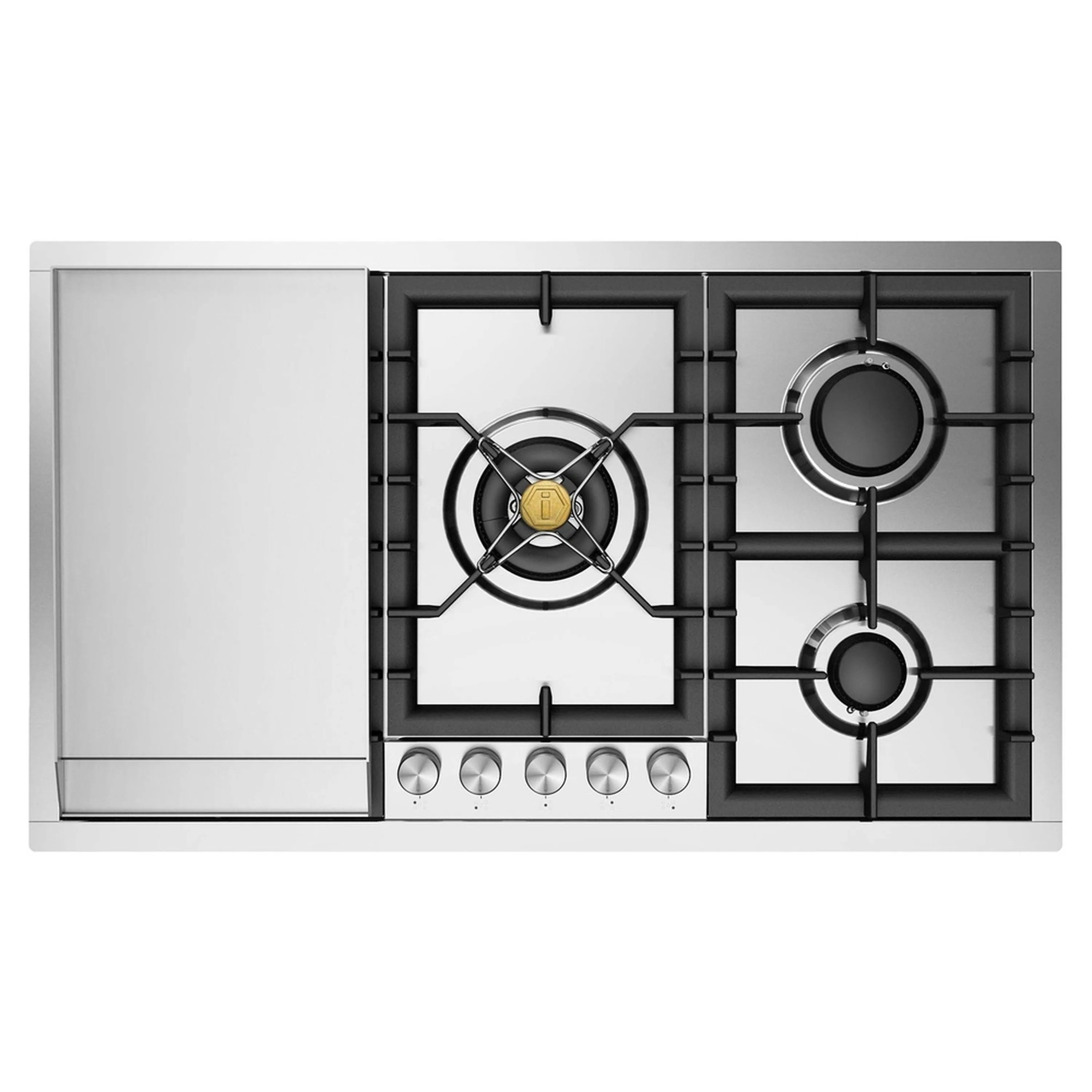 Stainless steel built-in gas cooktop with cast-iron grates, black burners, and control knobs