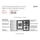 ILVE Professional Plus II 36-Inch Built-In Natural Gas Cooktop with Total Black Brass Burners in Stainless Steel (UHCPT95FSS)