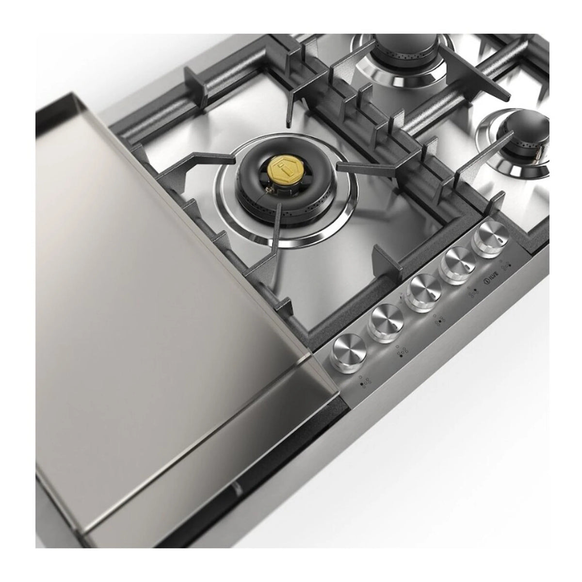 Close-up of stainless built-in propane cooktop with black burners and front control knobs