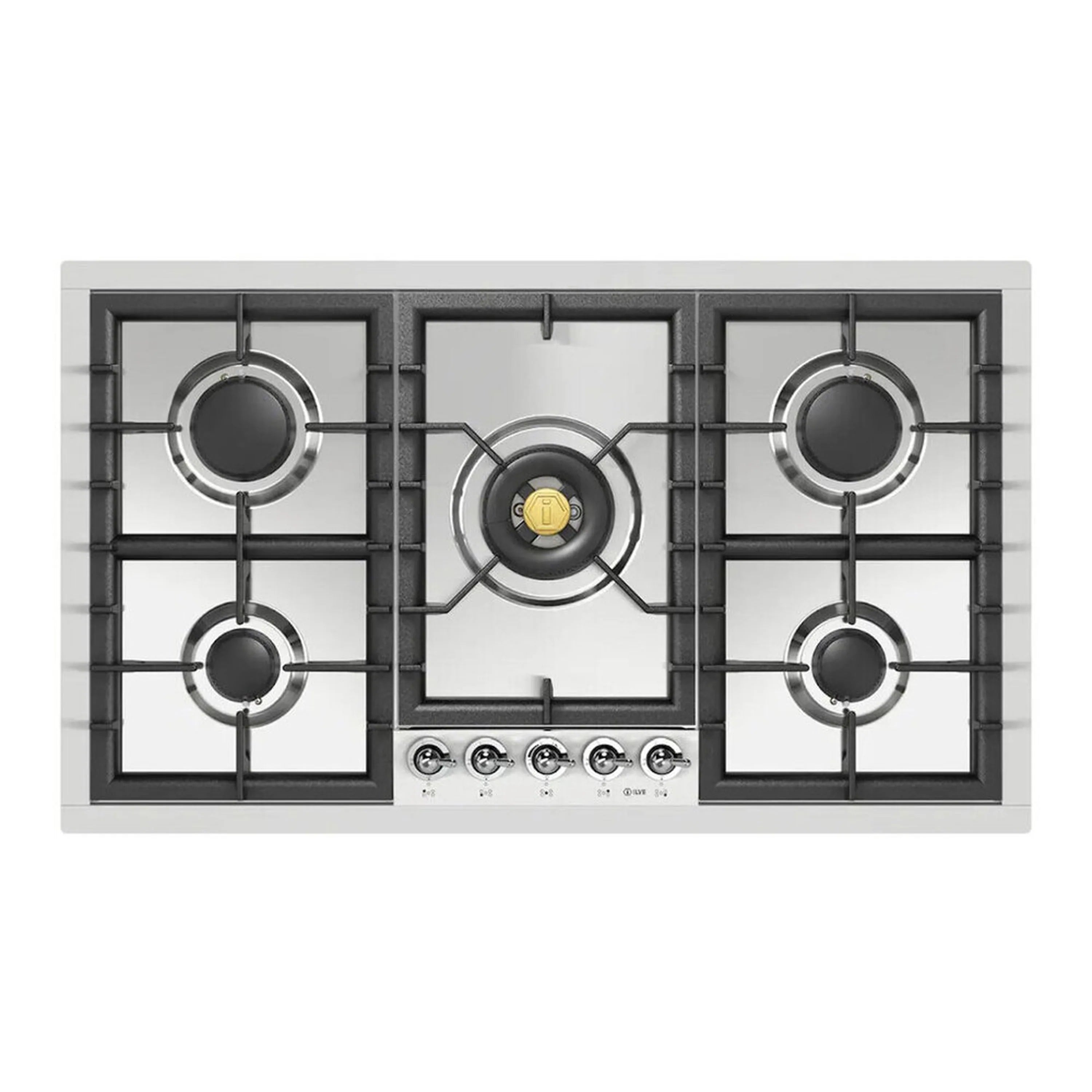 Stainless steel built-in gas cooktop with five black brass burners and cast grates