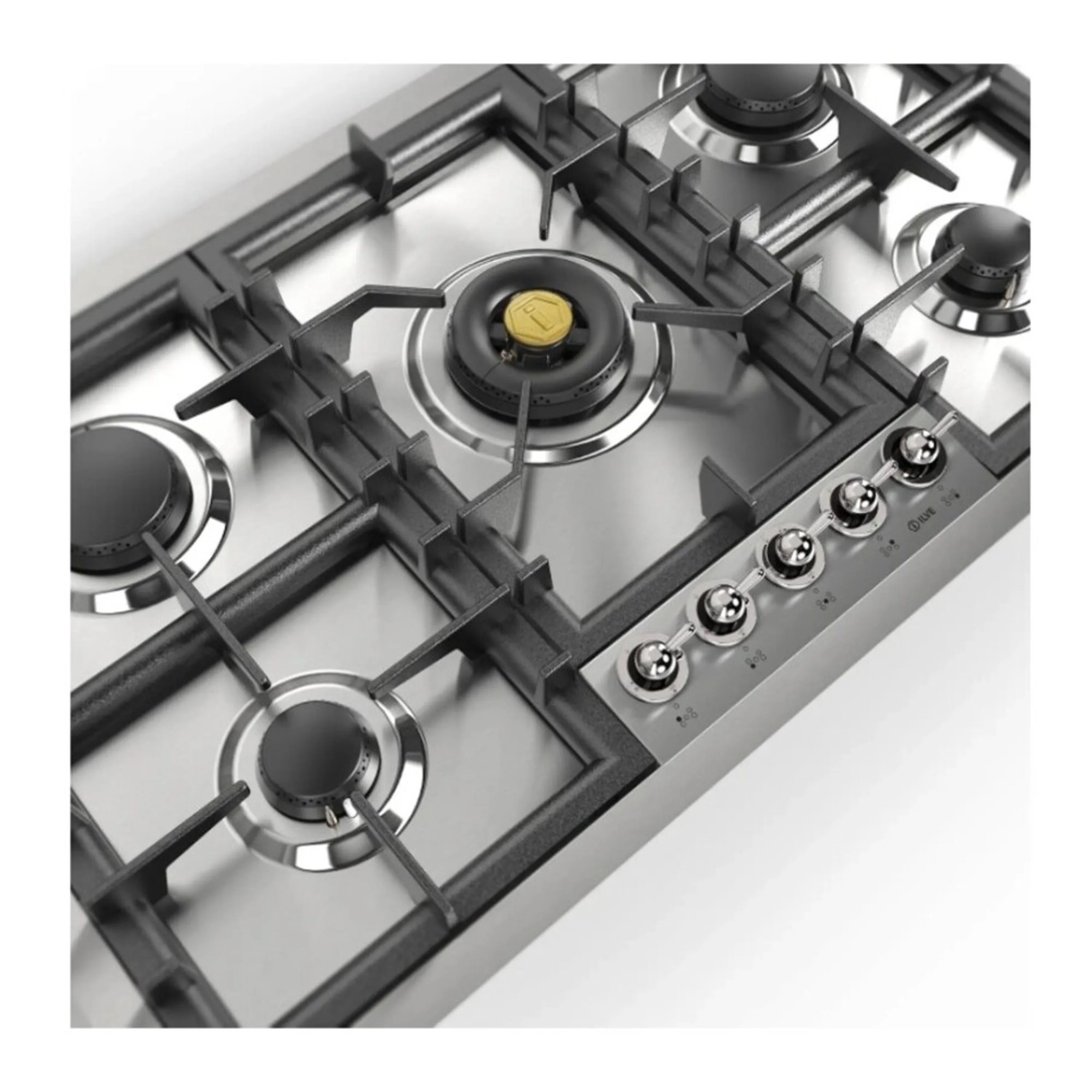 Close-up of stainless gas cooktop burner with black brass cap and front control knobs