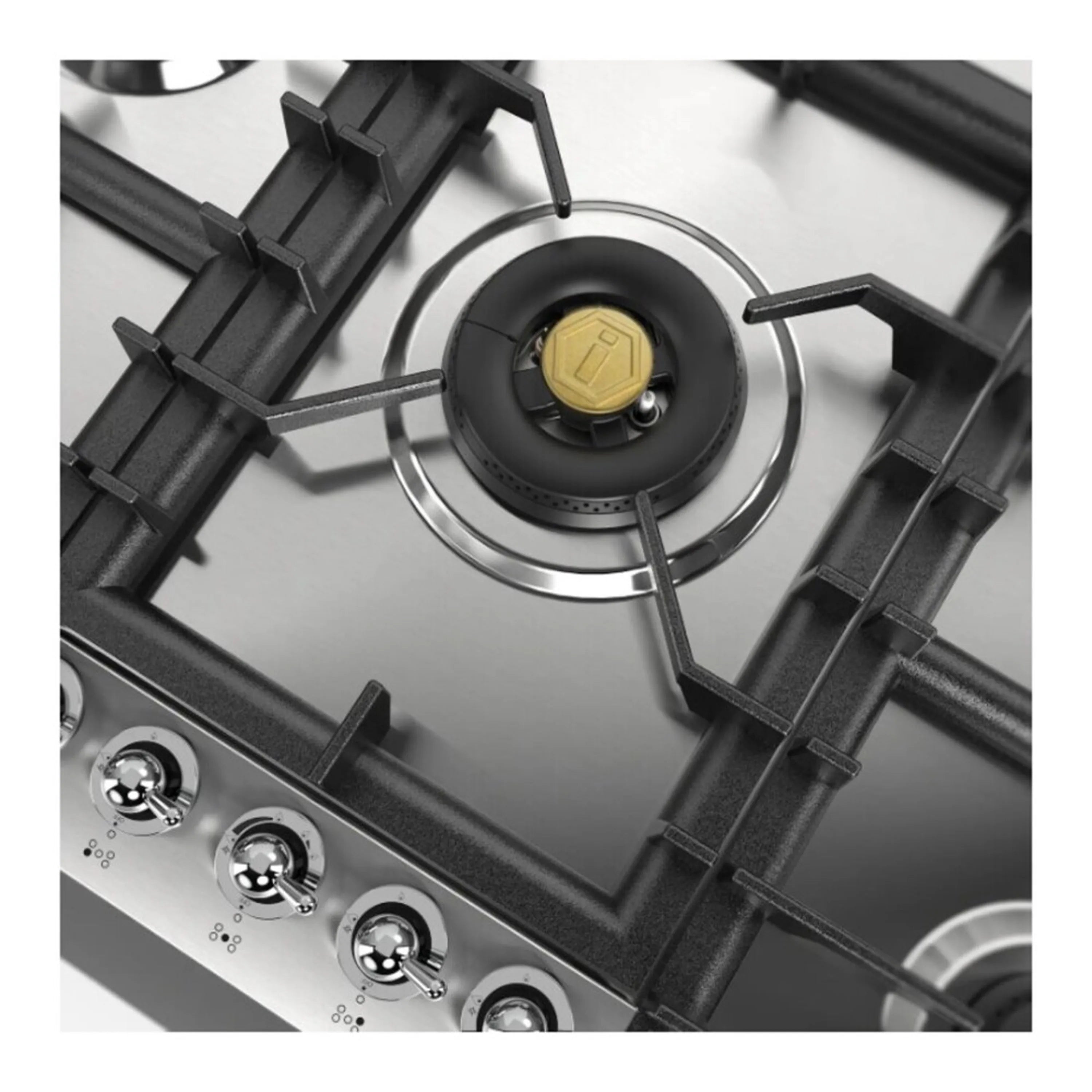 Single black brass gas burner in stainless cooktop with cast grate