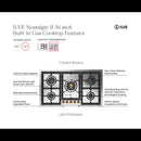 ILVE Nostalgie II 36-Inch Built-In Natural Gas Cooktop with Total Black Brass Burners in Stainless Steel (UHCPT95NSSG)
