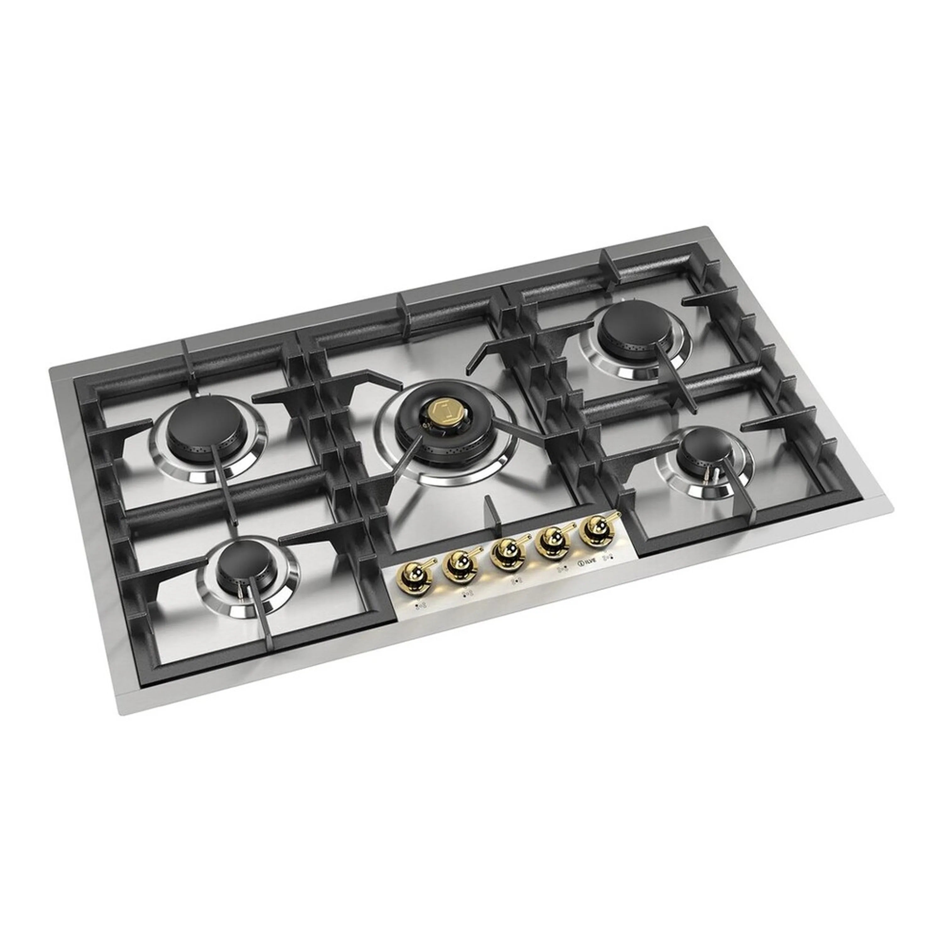 Built-in propane gas cooktop top view with five burners, black grates, brass control knobs