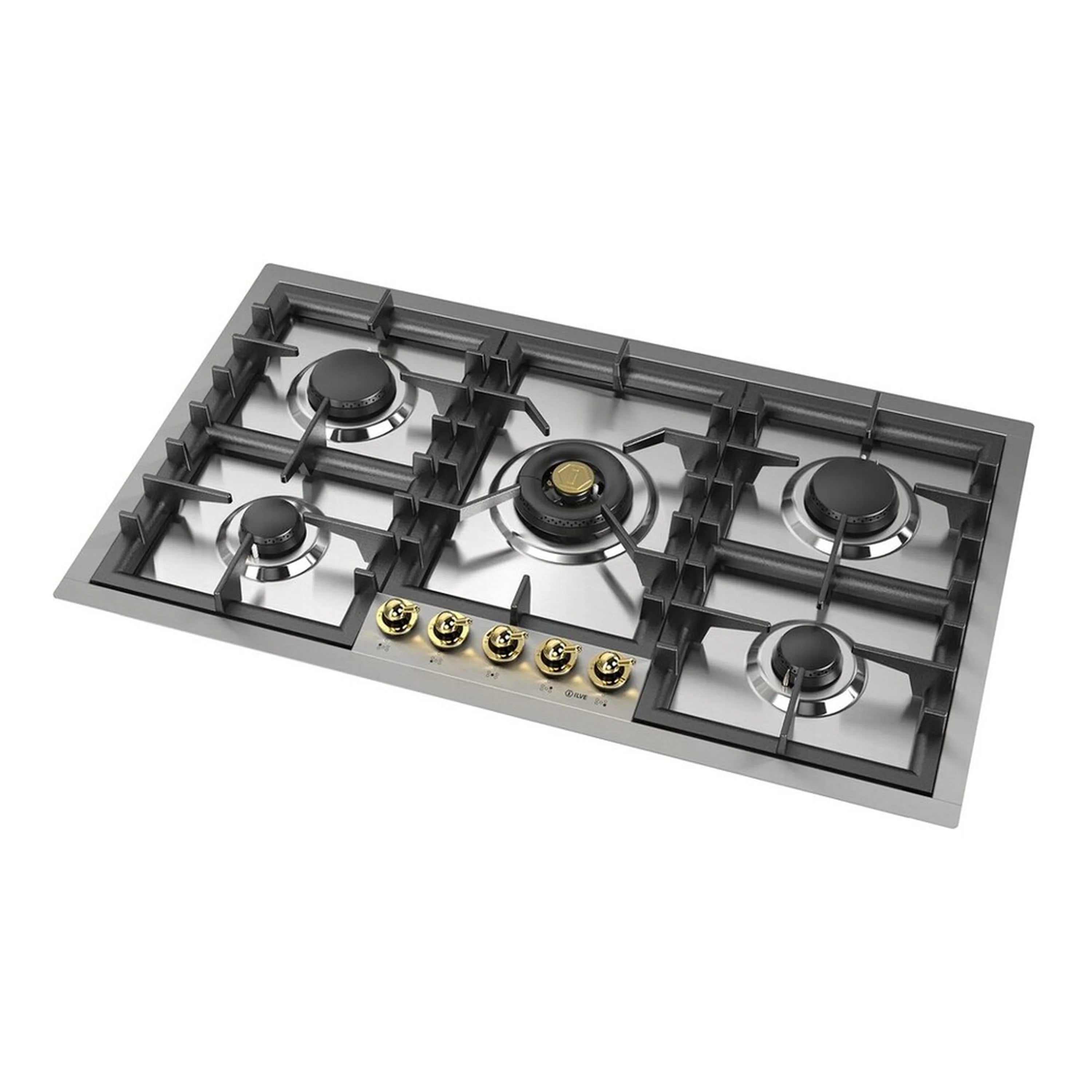 Built-in propane gas cooktop with five burners, black grate frame, stainless surface, brass knobs