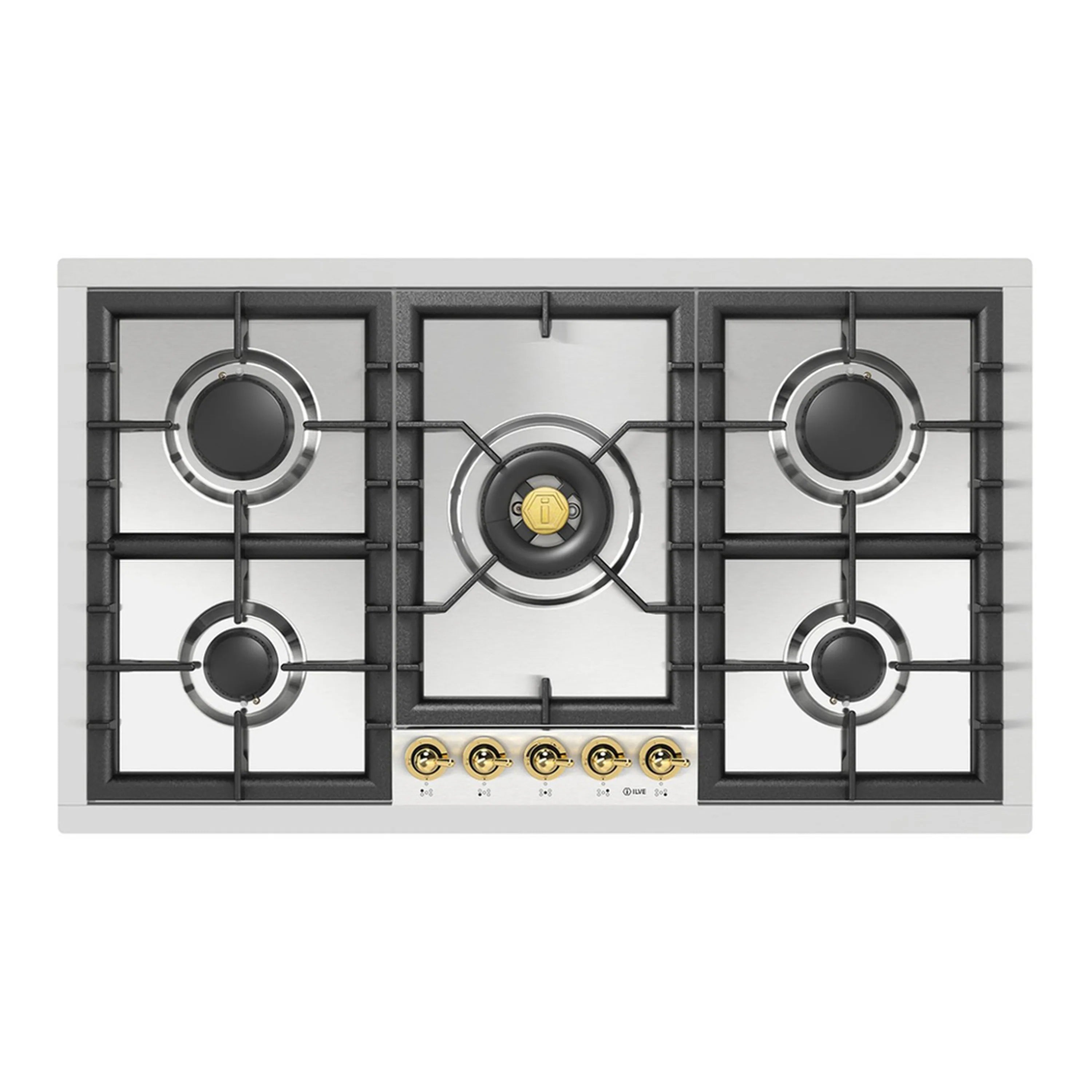 Built-in propane gas cooktop front view with five black burners and brass knob controls