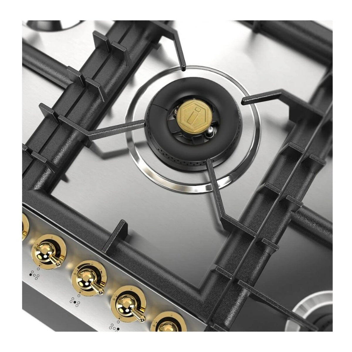 Built-in propane gas cooktop close-up of central burner with black cap and brass knobs