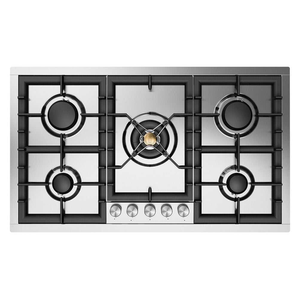 Built-in gas cooktop top view with five burners, black cast grates, and metal knob row