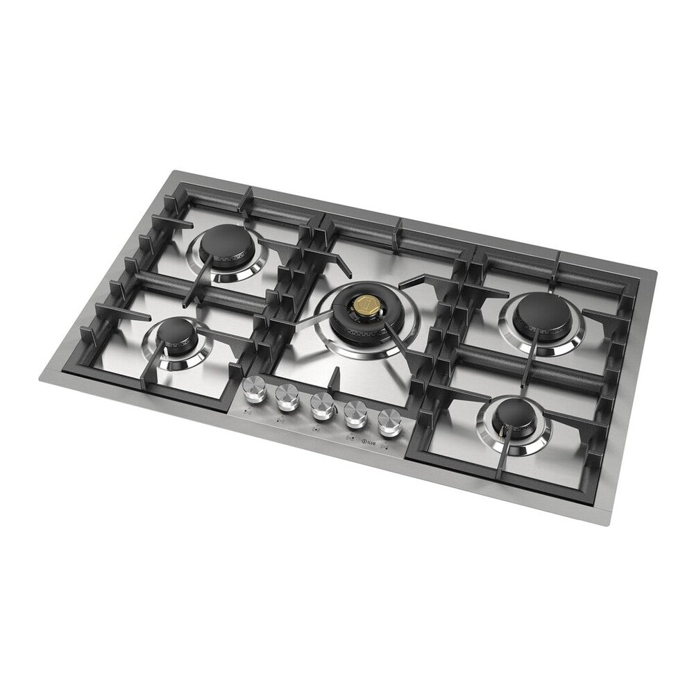 Stainless steel 5-burner gas cooktop with black grates and central wok burner