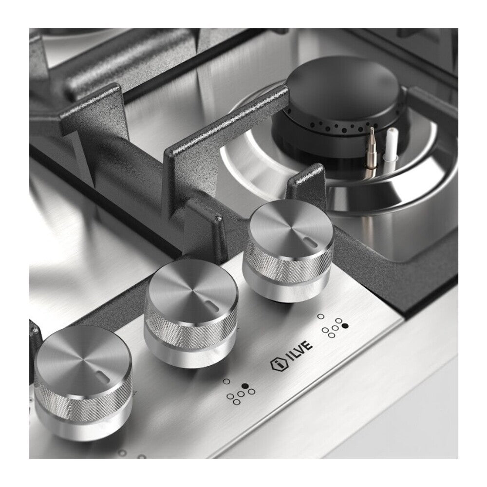 Stainless steel gas cooktop with black burner parts and ribbed control knobs