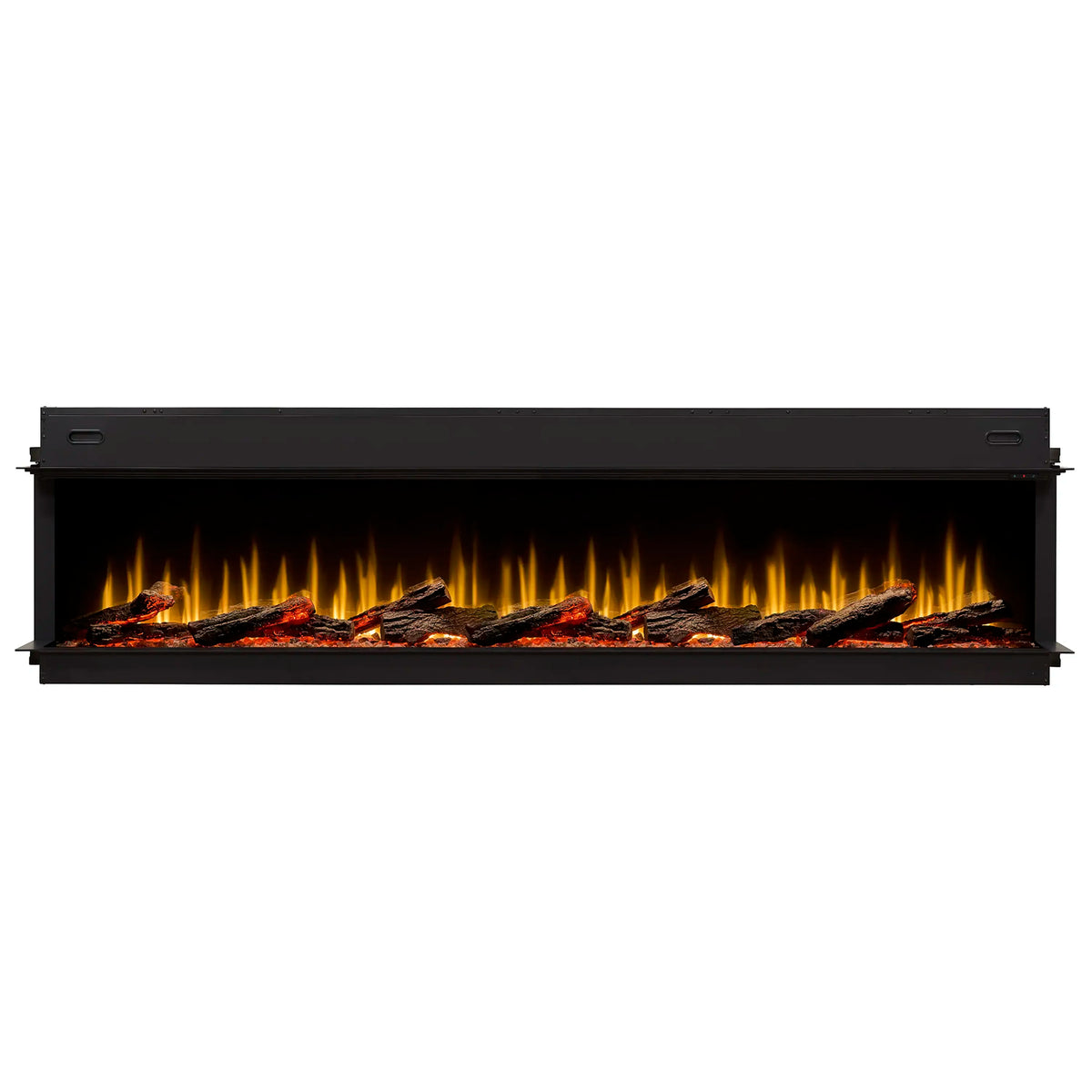 Front view of black linear electric fireplace insert with glowing log-and-ember bed