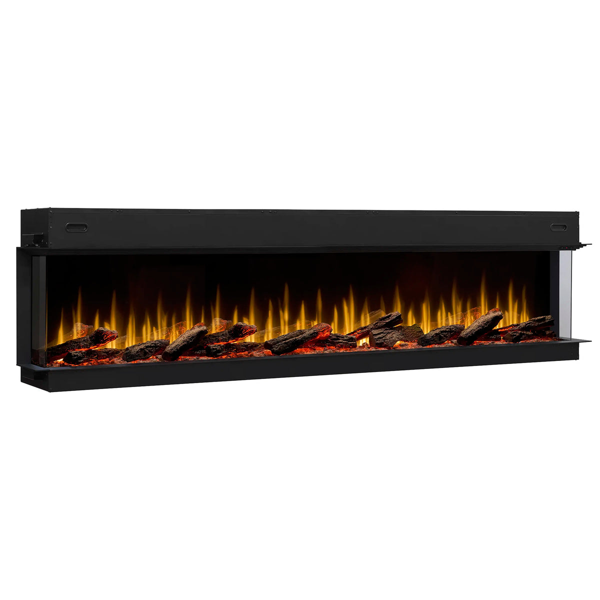 Black linear electric fireplace insert with flame-and-ember bed viewed straight on