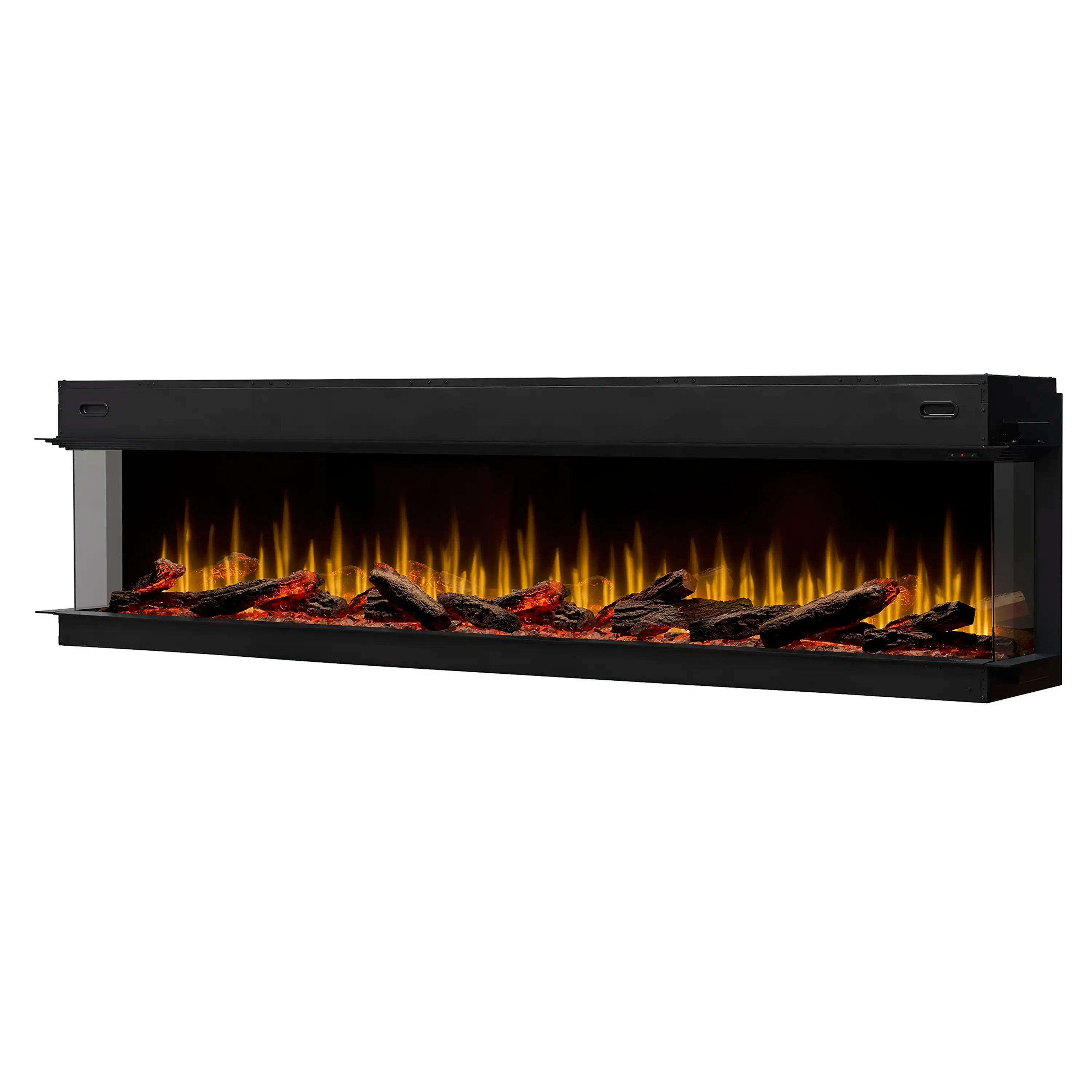 Three-quarter view of black linear electric fireplace insert with glowing flame display