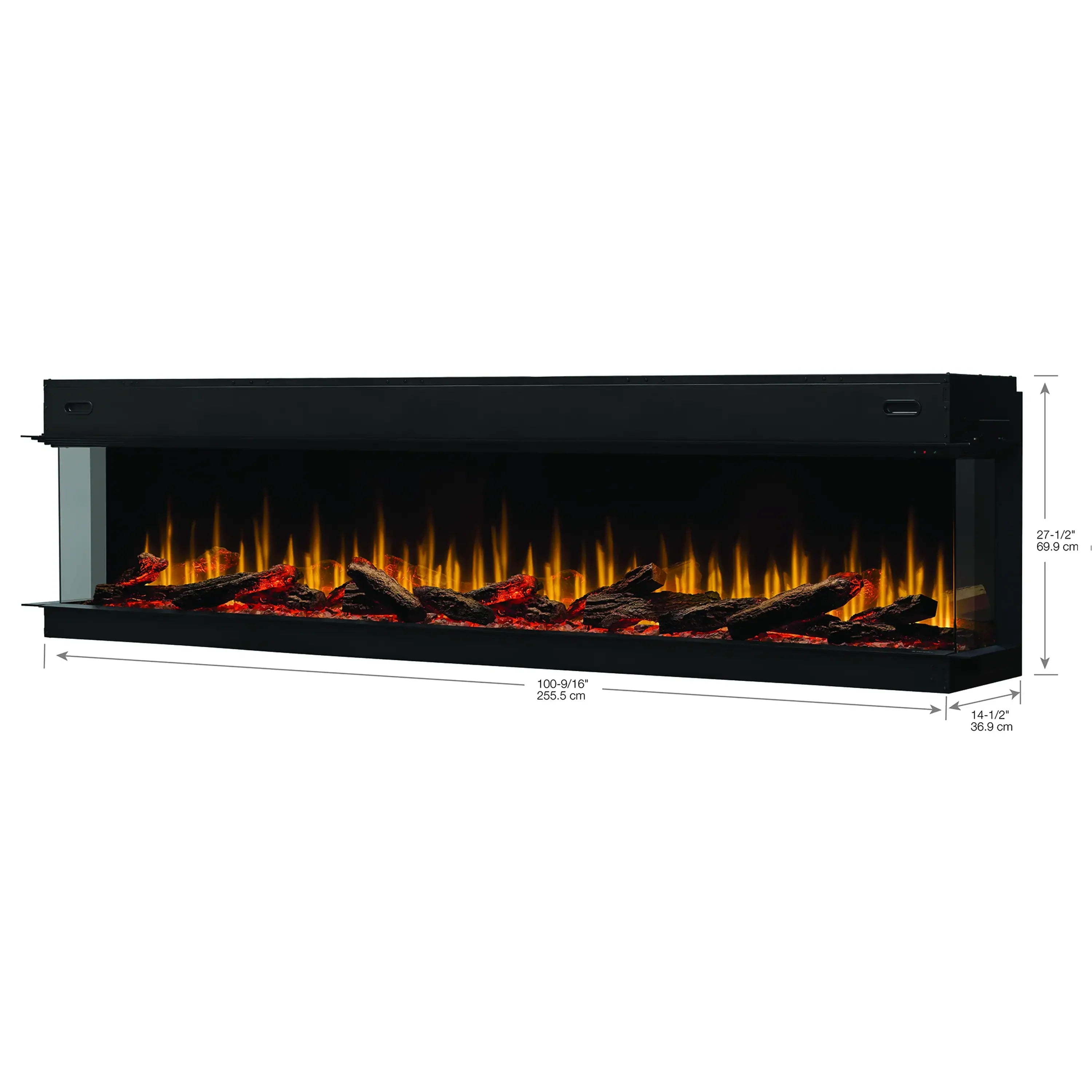 Black linear electric fireplace insert with visible flame bed behind front glass