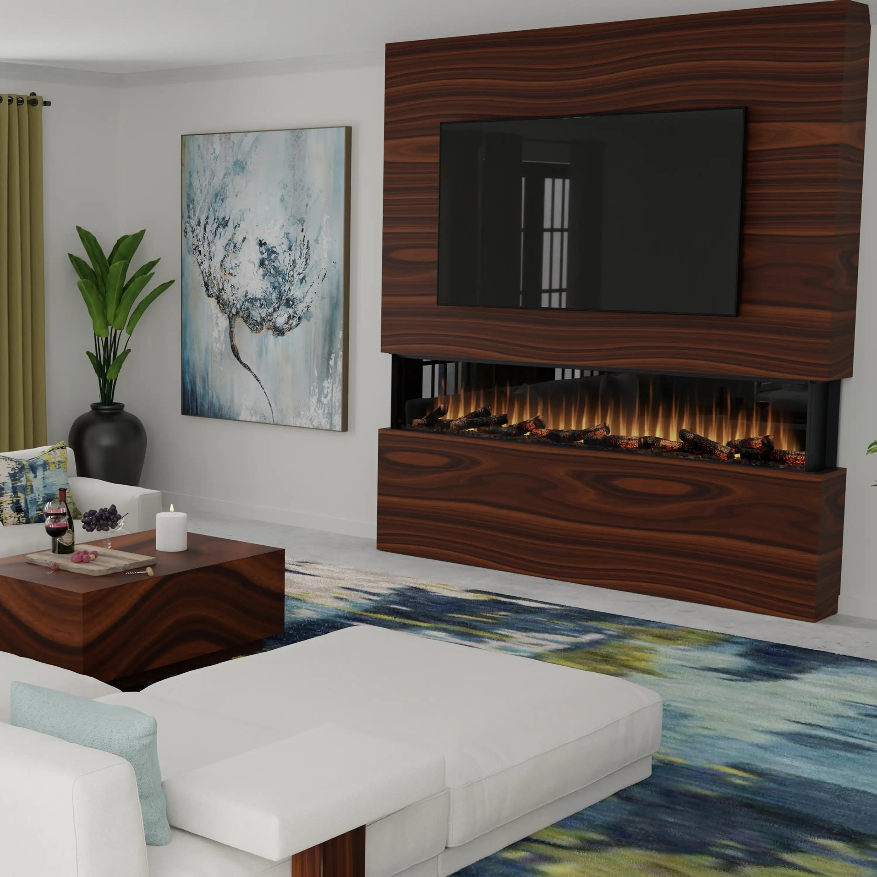 Linear electric fireplace with dark wood wall surround and inset flame display