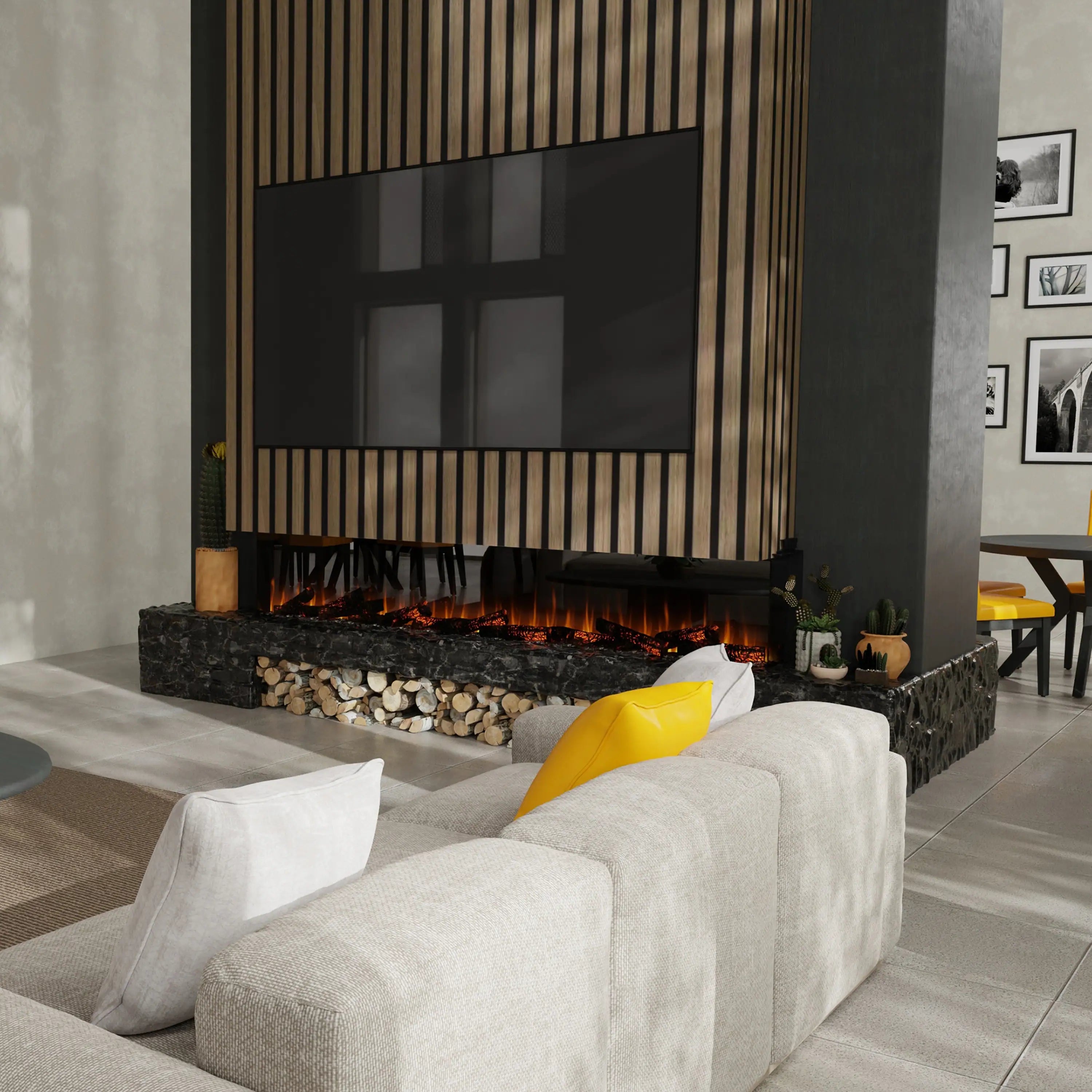 Built-in linear electric fireplace with black surround and glowing firebed