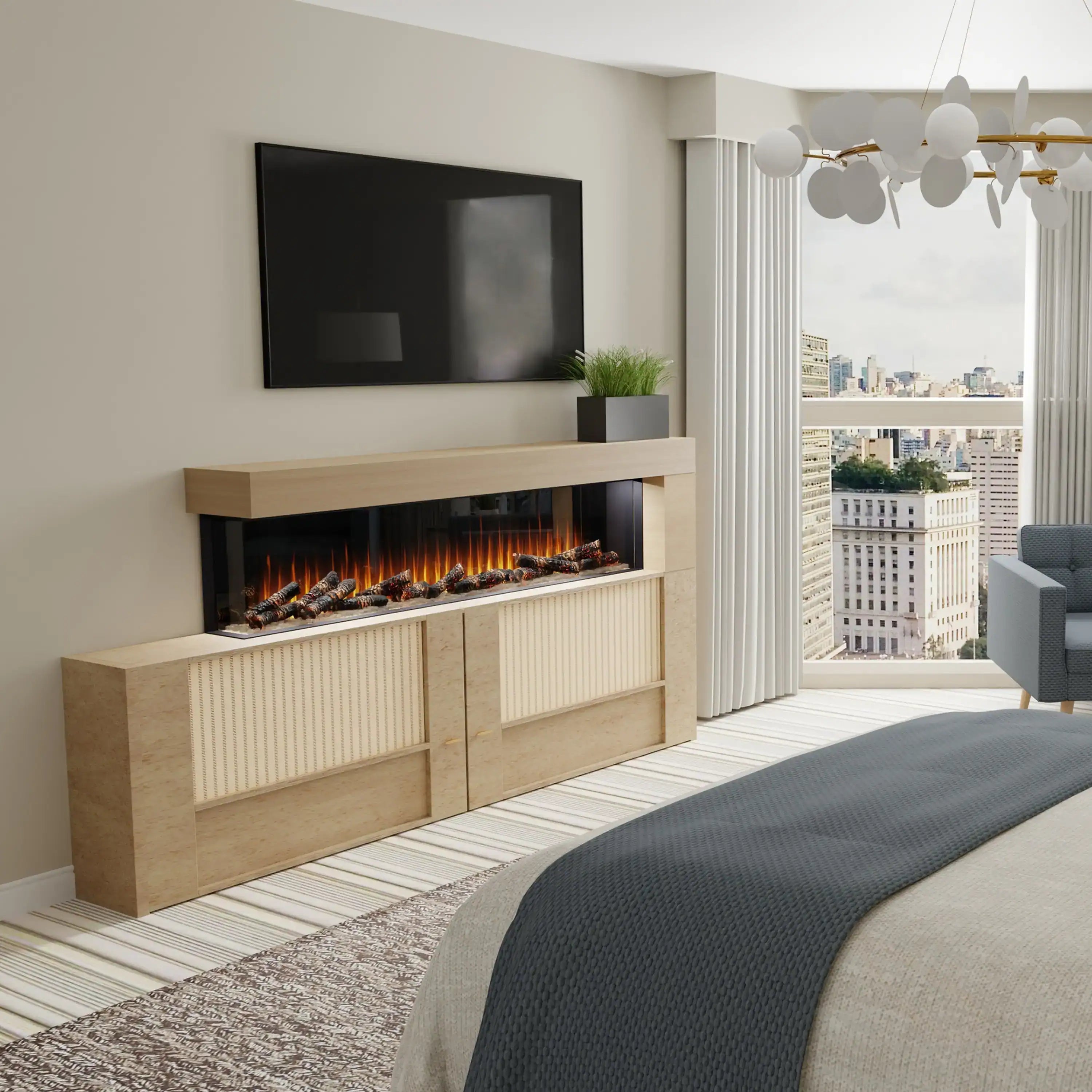 Built-in linear electric fireplace with glass-front flames and light wood surround