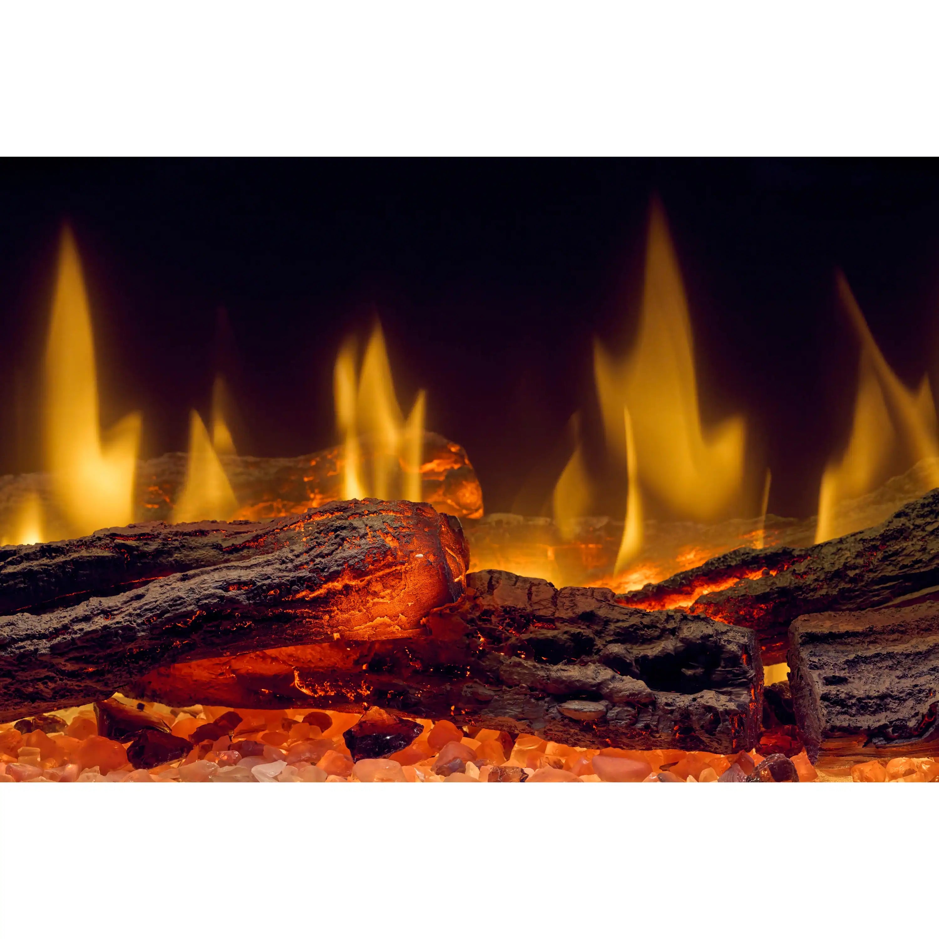 Linear electric fireplace flame bed with glowing logs and yellow flames