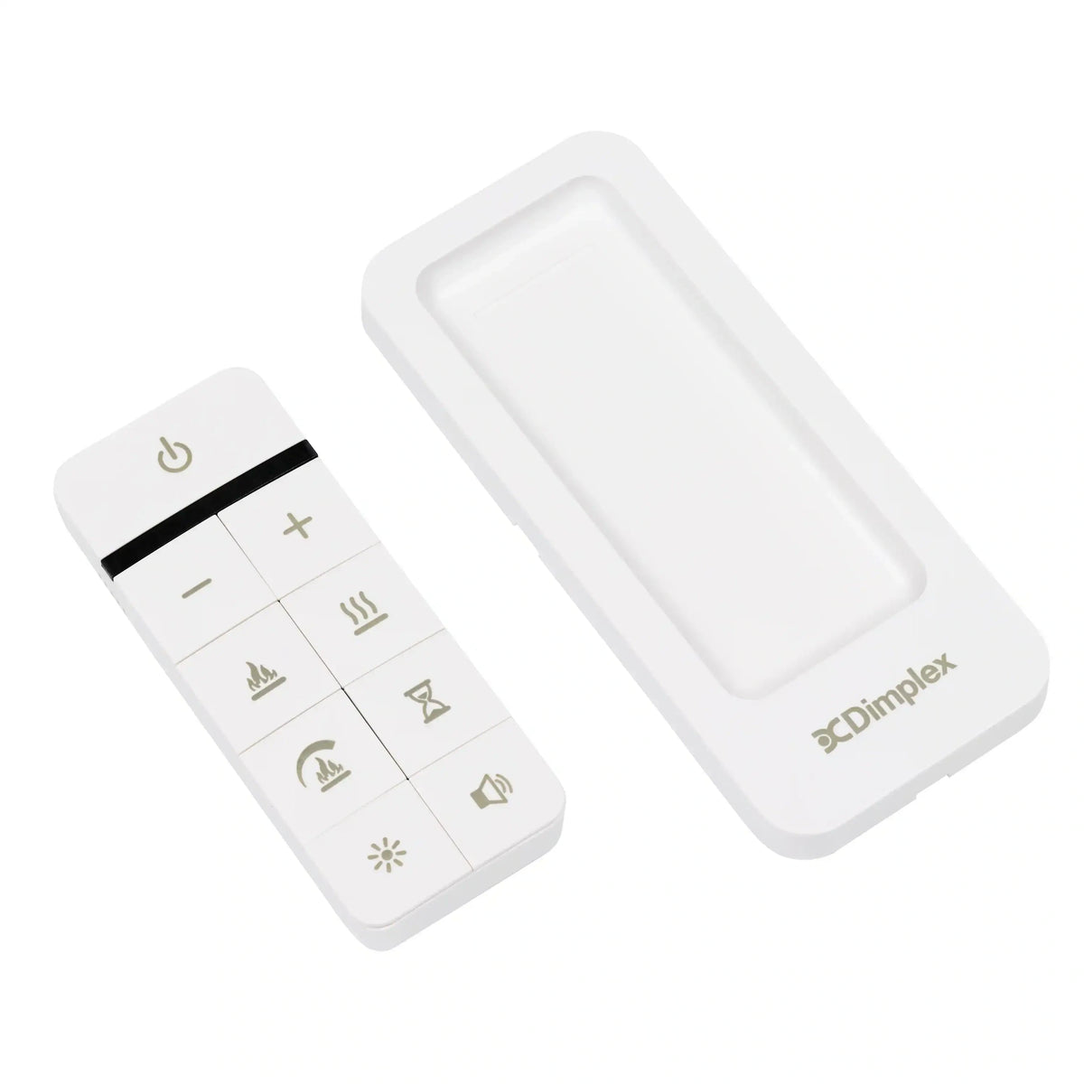White Dimplex electric fireplace remote control with icon keypad and logo