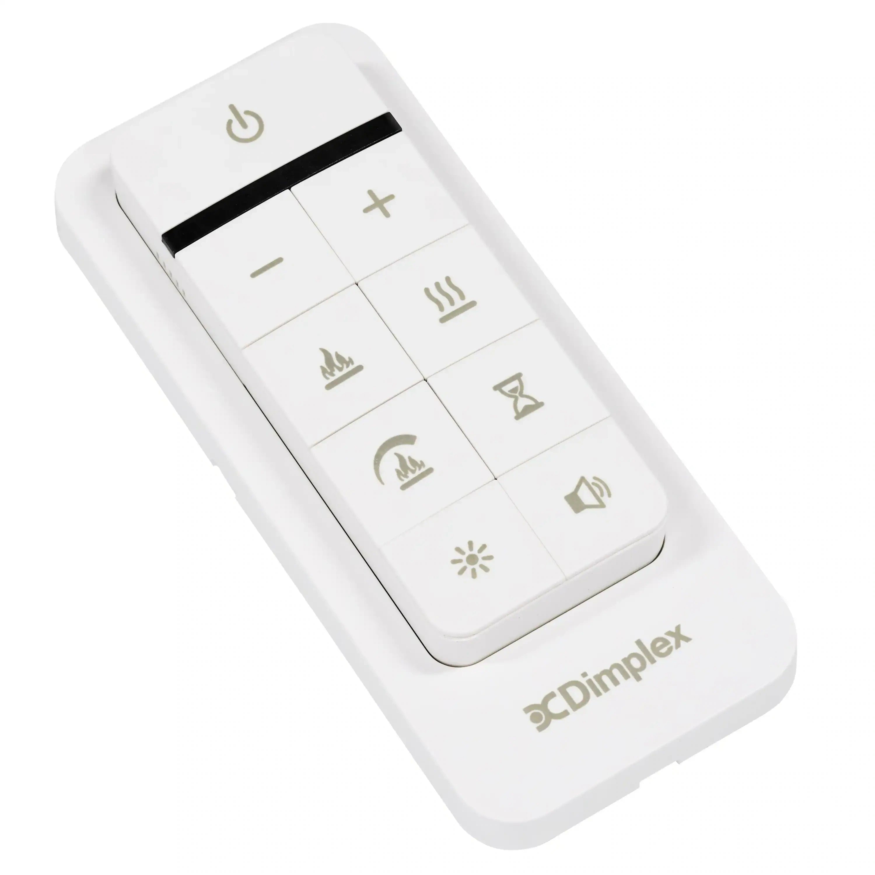 White Dimplex electric fireplace remote with touch buttons and flame/heat icons