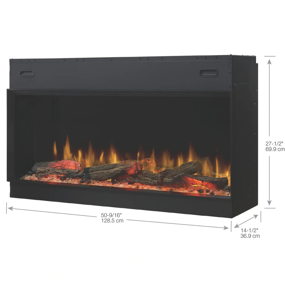 Built-in linear electric fireplace with flame effect and visible size measurements