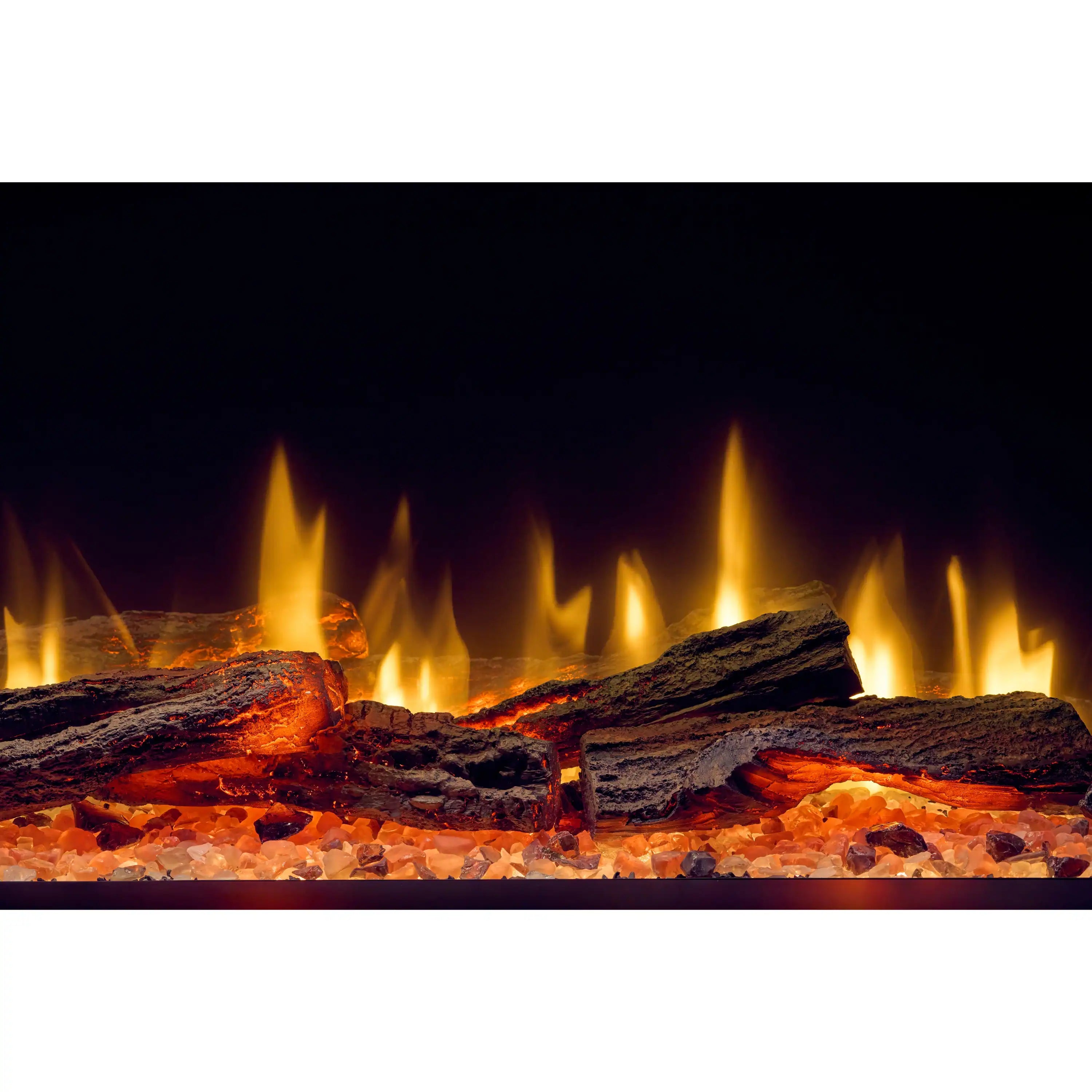 Linear electric fireplace flame bed with multiple flames behind dark log pieces