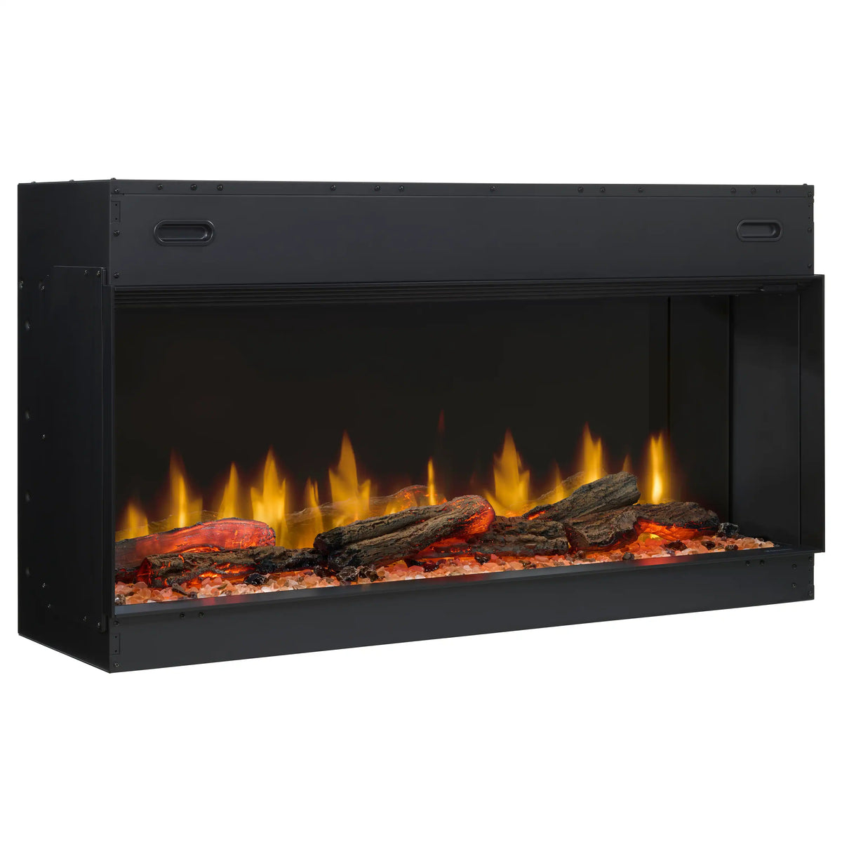 Built-in linear electric fireplace front opening showing flames and logs behind glass