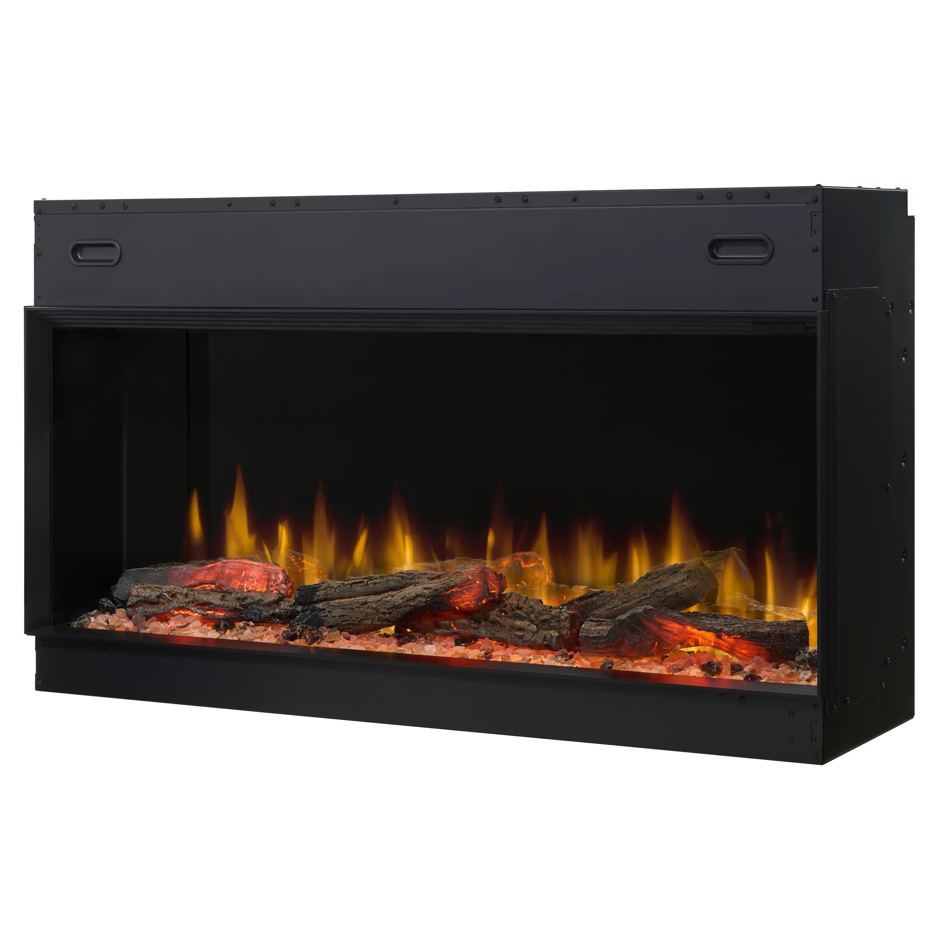 Built-in linear electric fireplace with flame effect and realistic logs in black firebox