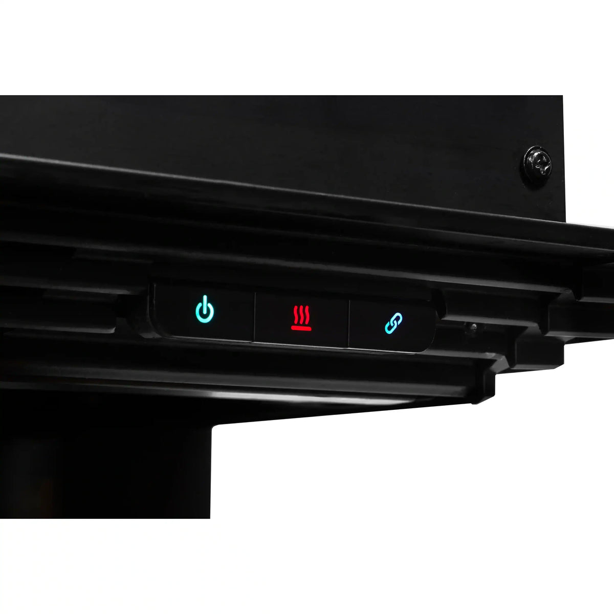Built-in linear electric fireplace control panel with backlit power and flame icons
