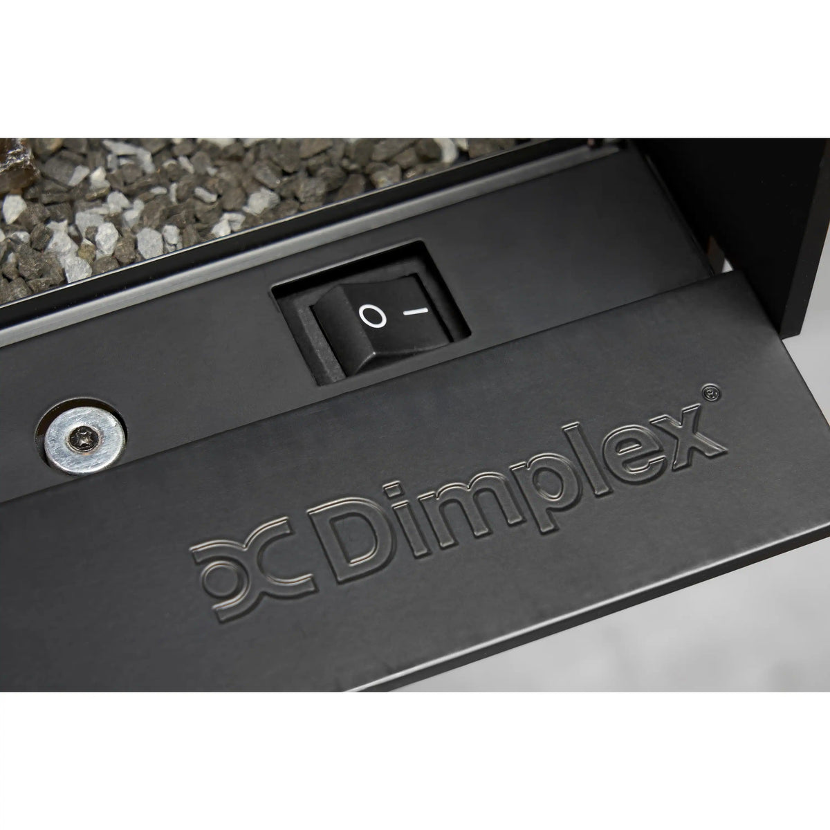 Dimplex built-in electric fireplace control panel with power rocker switch and logo