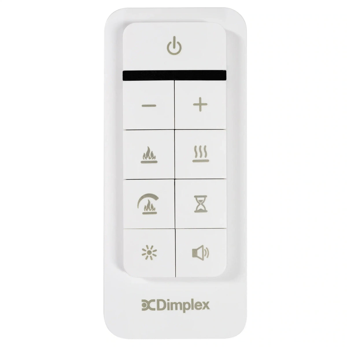 Dimplex electric fireplace remote control with power, heat, flame, and speaker icons