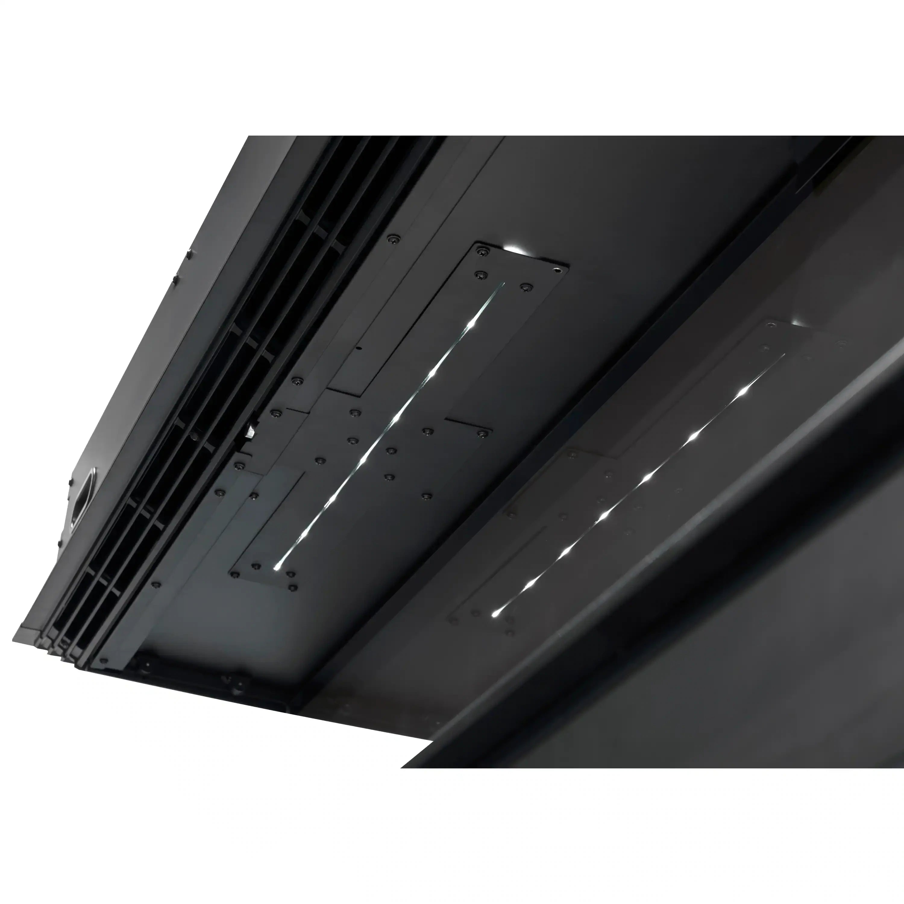 Built-in linear electric fireplace underside with vent grilles and metal mounting plate