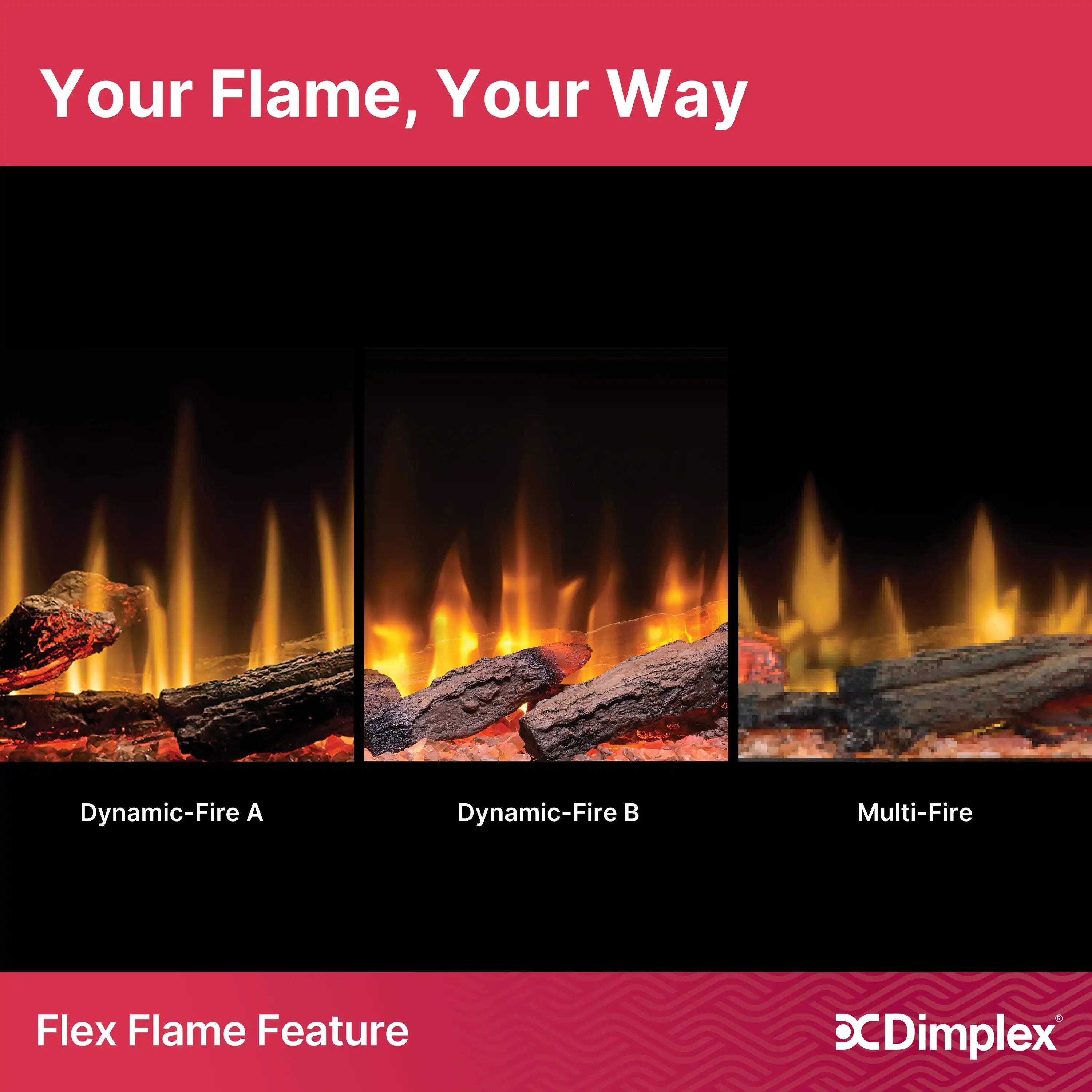 Electric fireplace flame mode graphic with three flame patterns and logs