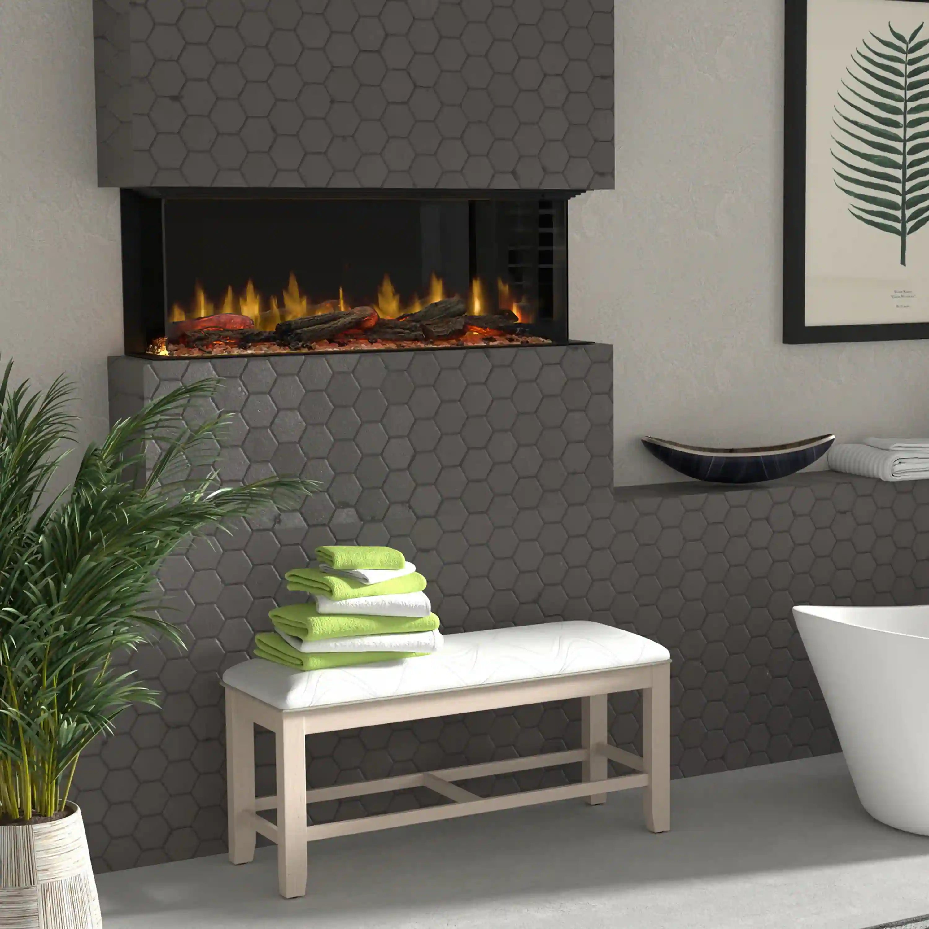 Built-in linear electric fireplace in dark hex tile surround with flame window