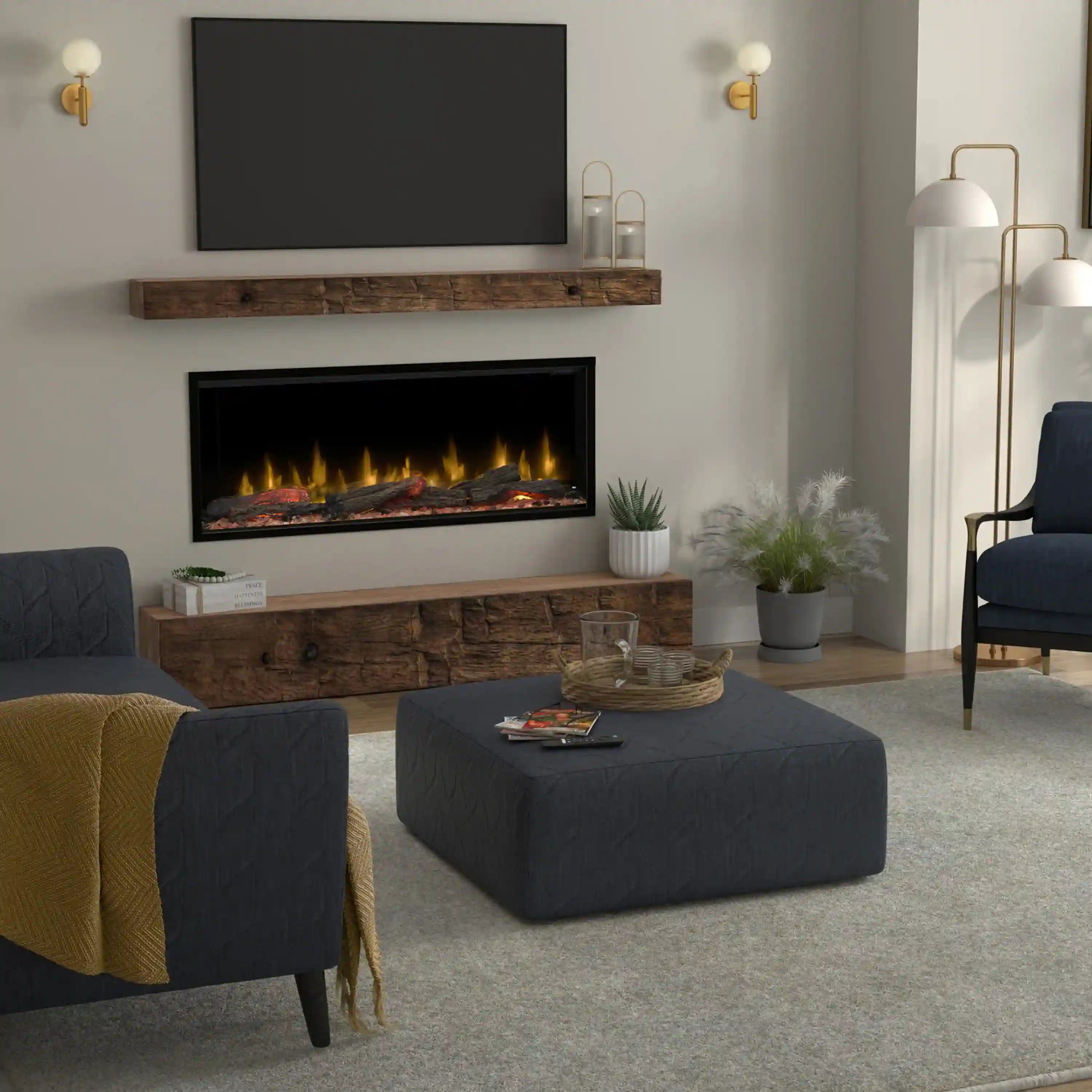 Built-in linear electric fireplace insert with flame window on dark mantel