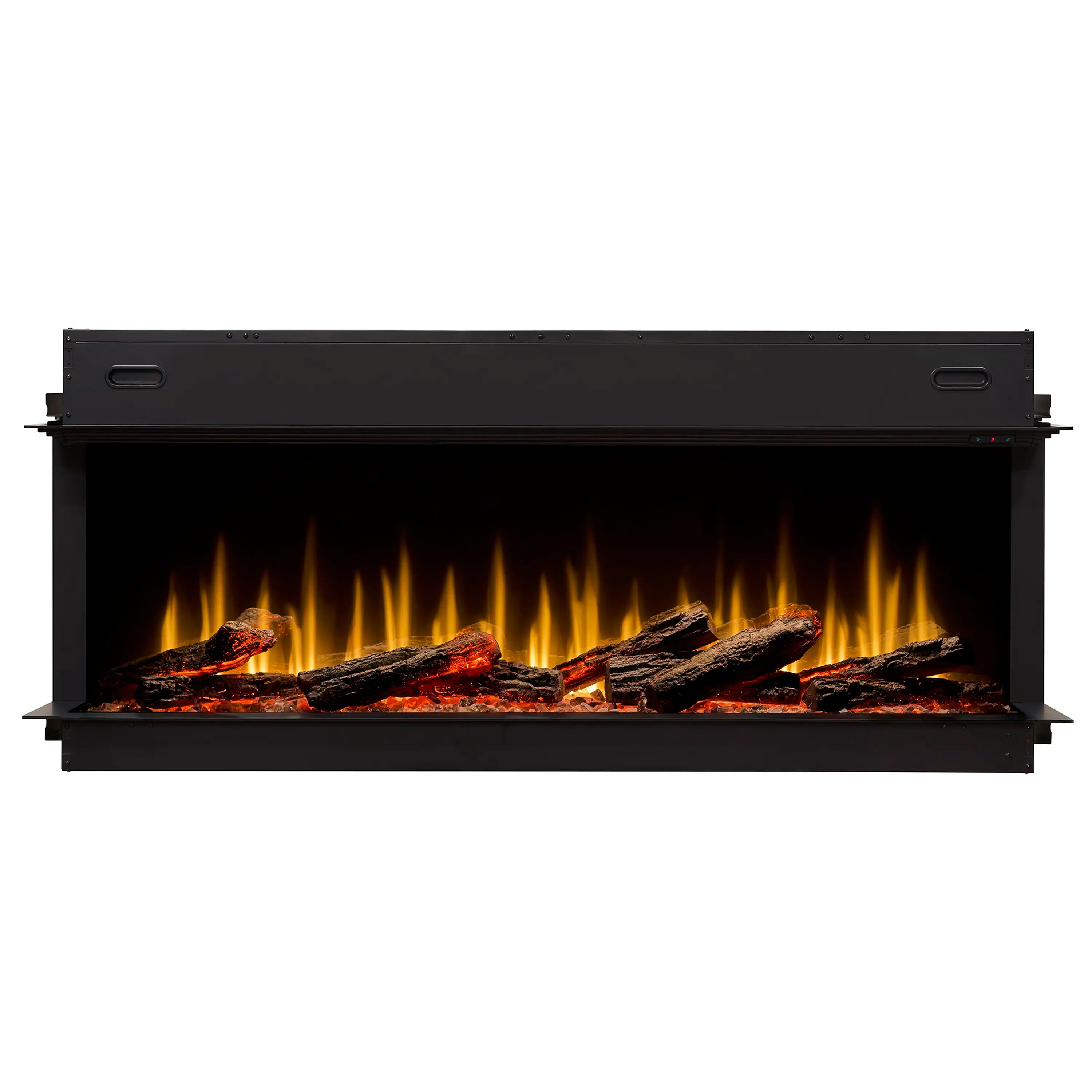 Black linear electric fireplace insert with orange flame display and log set