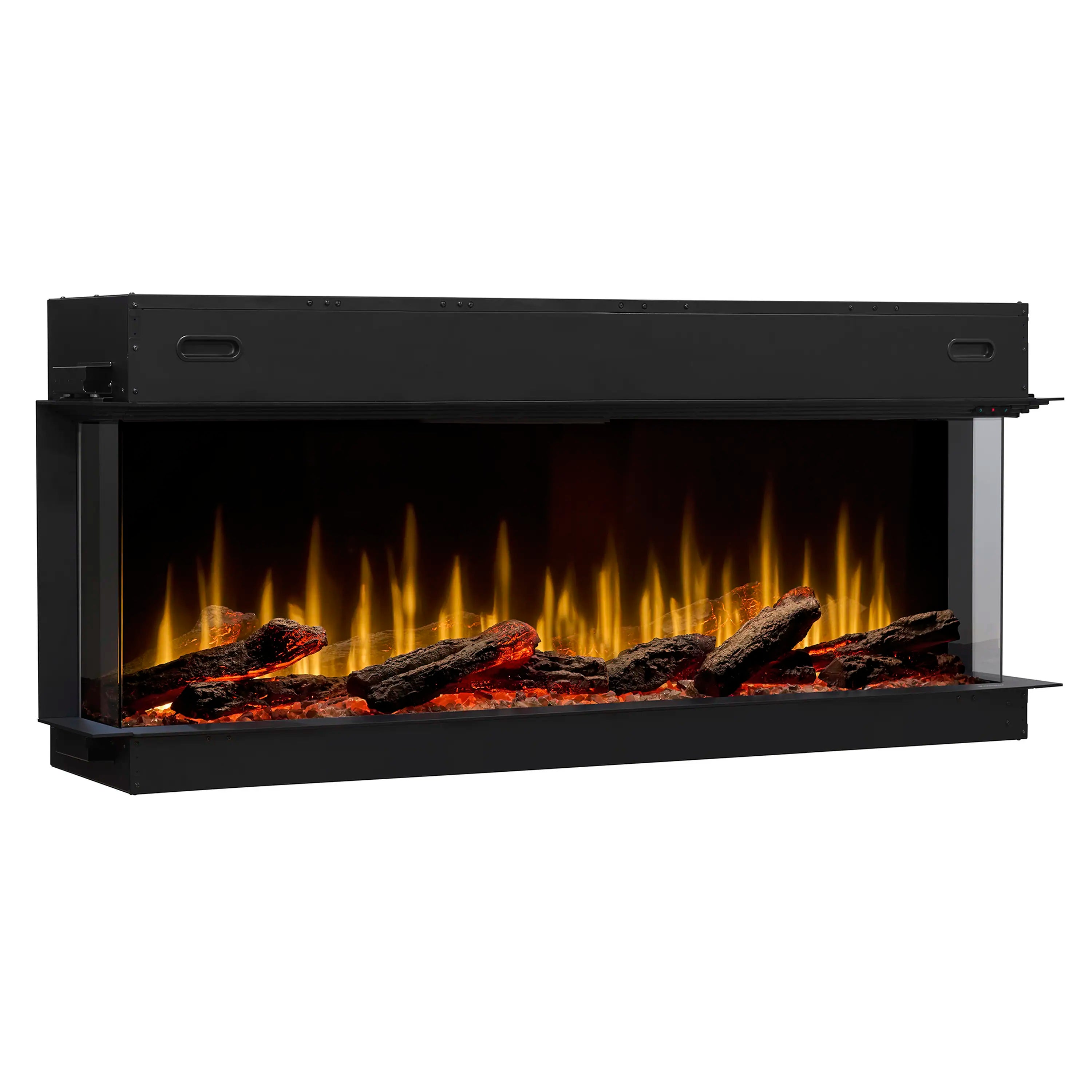 Black linear electric fireplace insert with glowing flames behind a front glass frame
