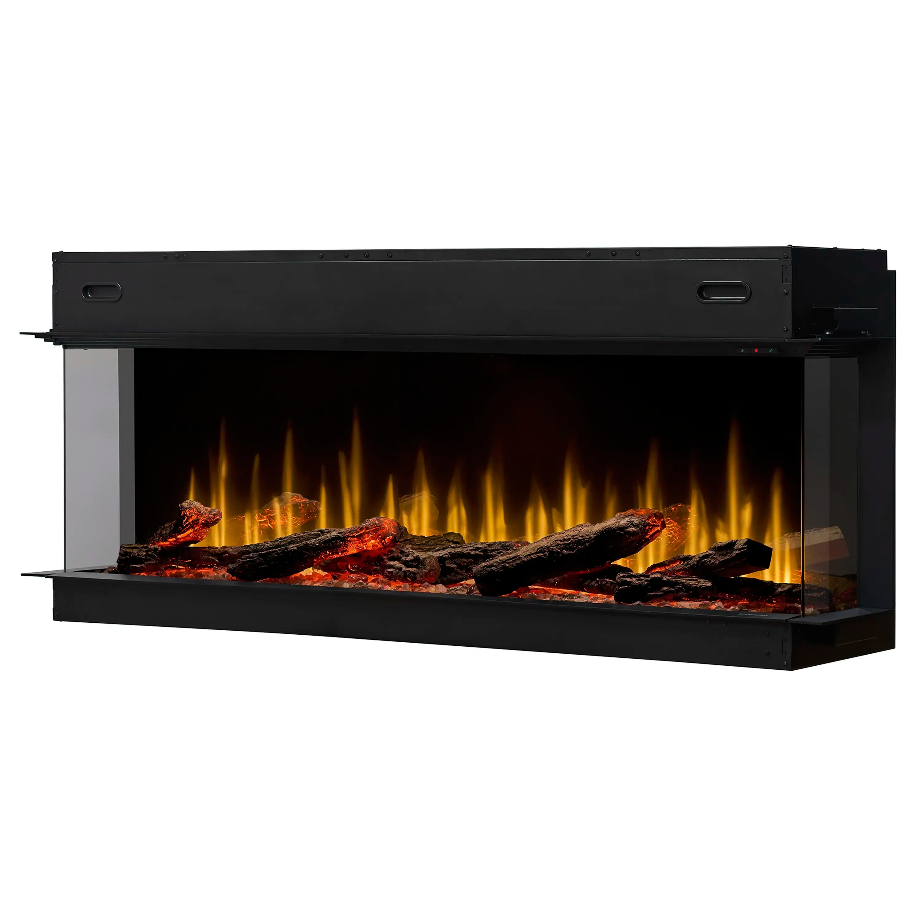 Black linear electric fireplace insert with flame pattern and visible log bed