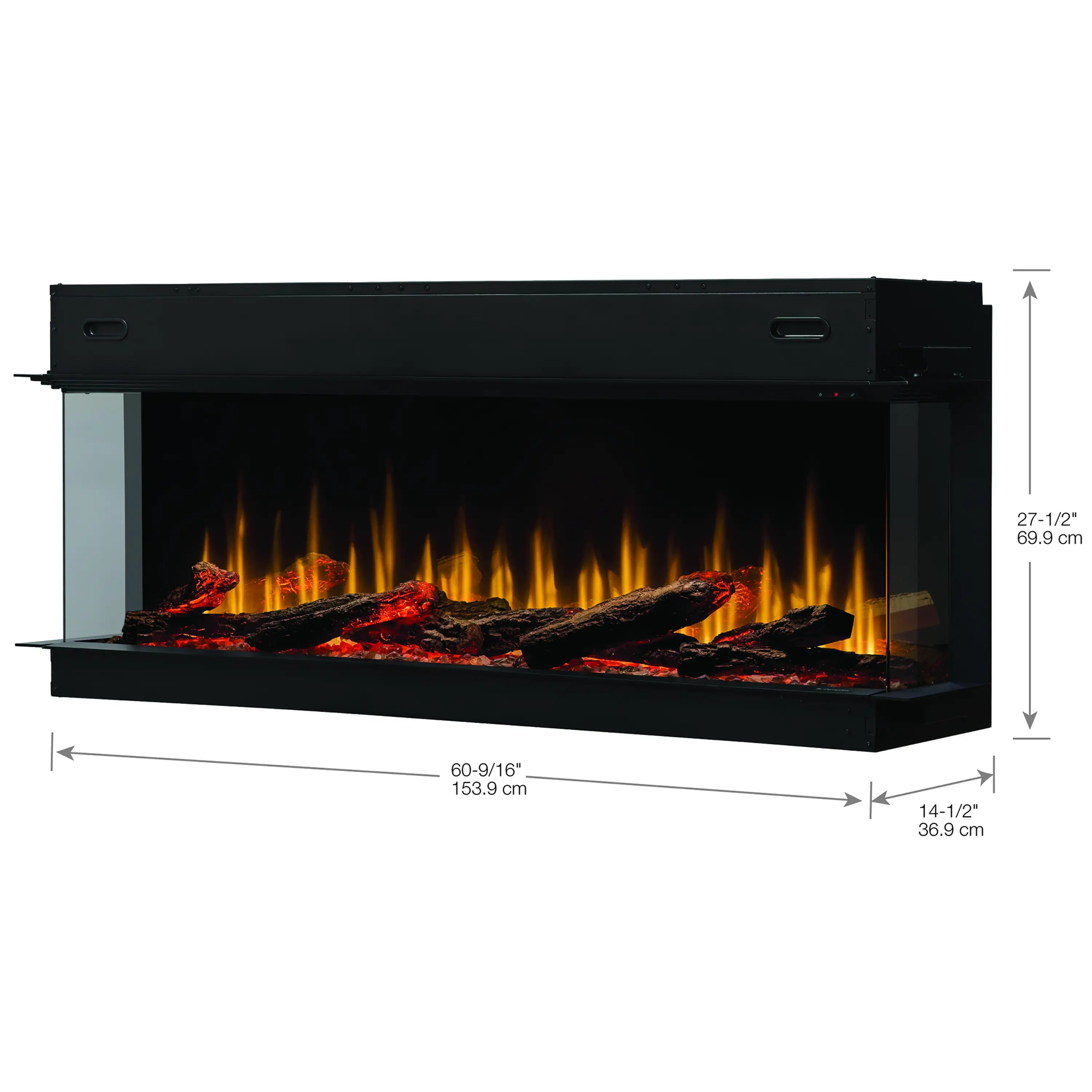 Black built-in linear electric fireplace with size dimensions shown