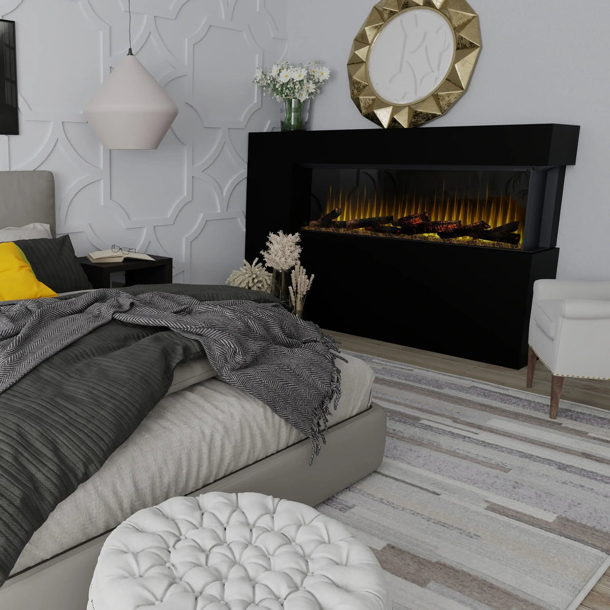 Black built-in linear electric fireplace with glowing flame display in a wall niche