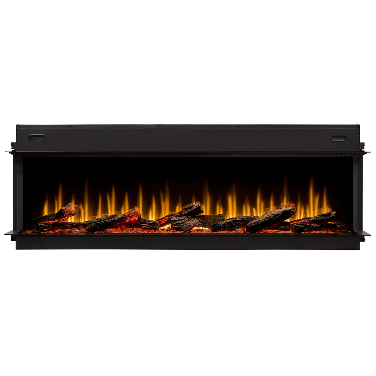 Wide view of black built-in linear electric fireplace with flame effect and glowing logs