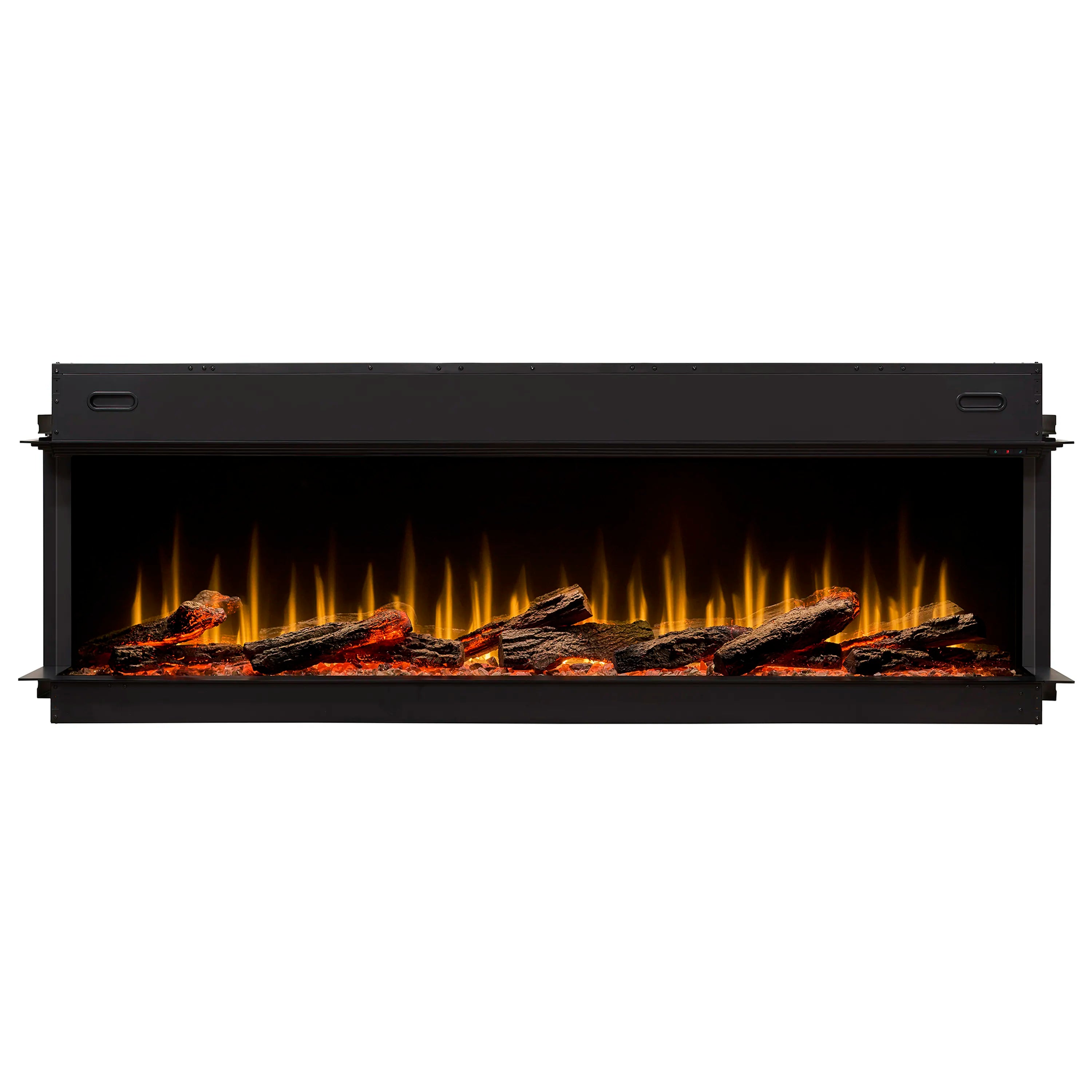Built-in linear electric fireplace with black front and glowing log flames