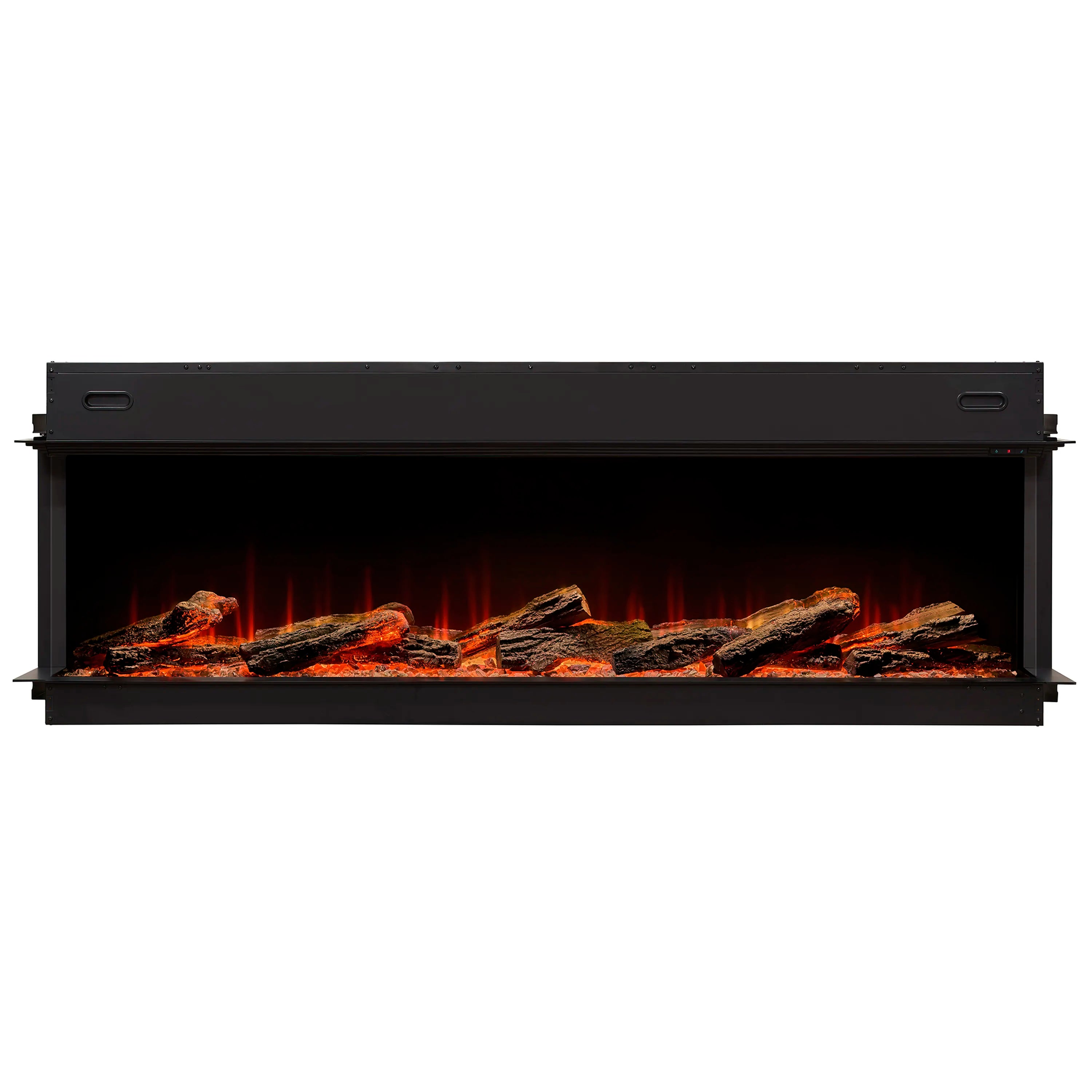 Built-in linear electric fireplace with black outer frame, glass front, and orange log flames