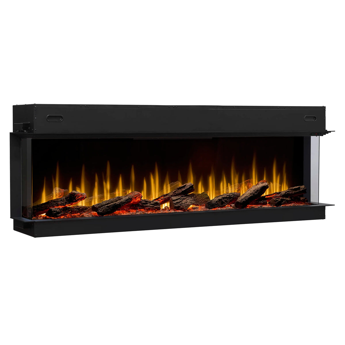 Built-in linear electric fireplace showing black glass front with glowing logs and orange flames