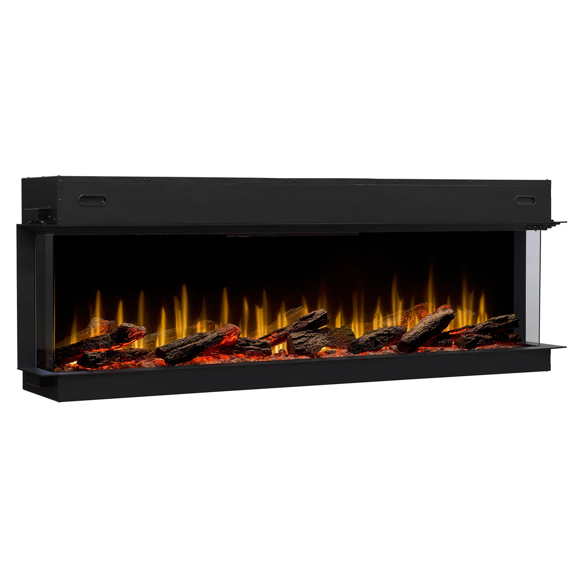 Built-in linear electric fireplace with black frame, glass front, and glowing log flames