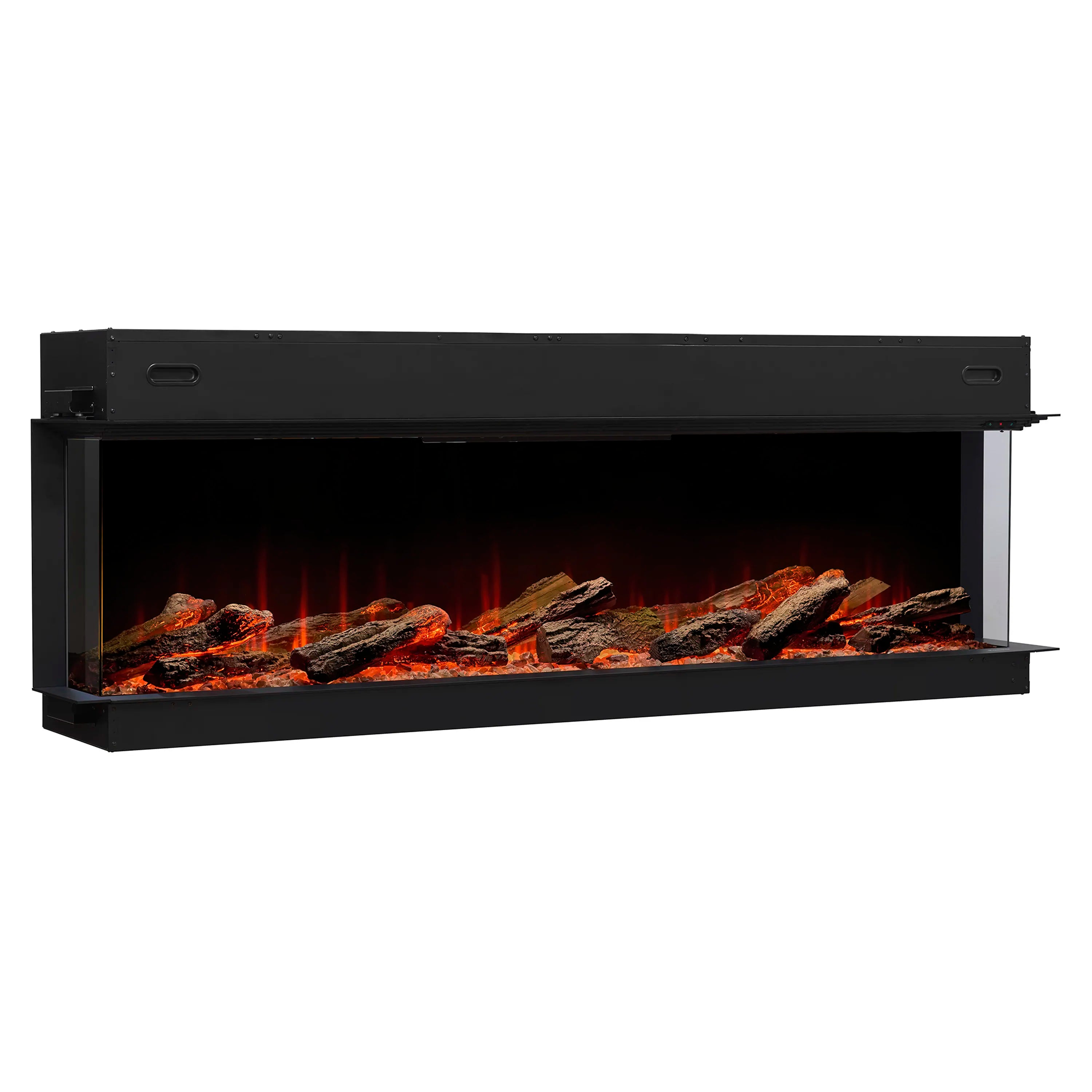 Built-in linear electric fireplace with open front showing ember glow and logs