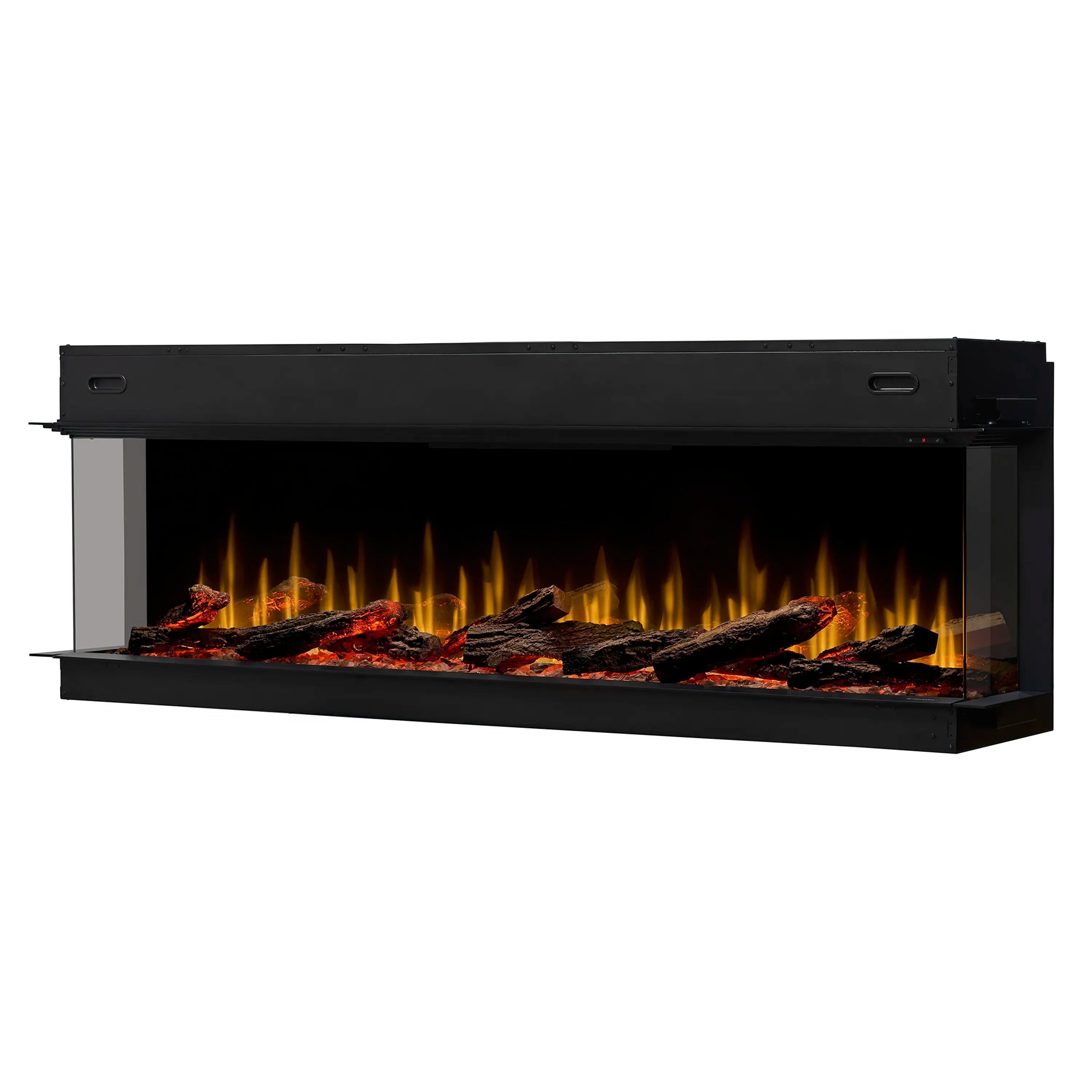 Right-angled view of black built-in linear electric fireplace with ember glow and flames