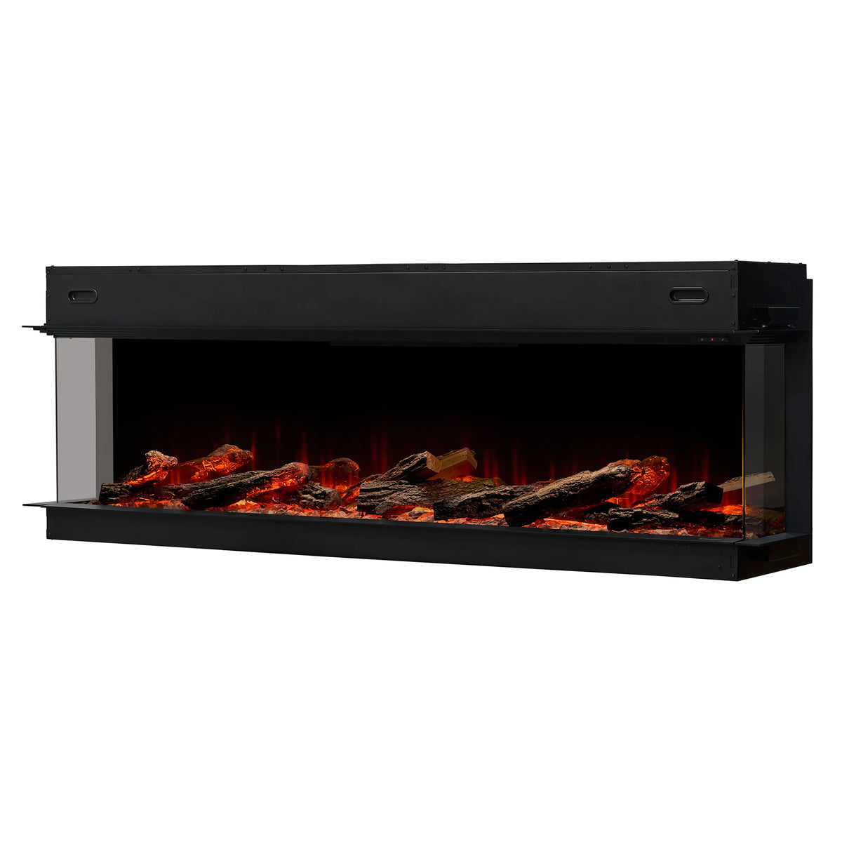 Black built-in linear electric fireplace with red-orange flames over a log and ember bed